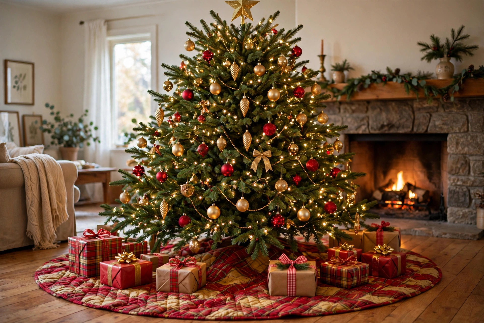 The best christmas tree skirt for large trees under a tall tree in a living room