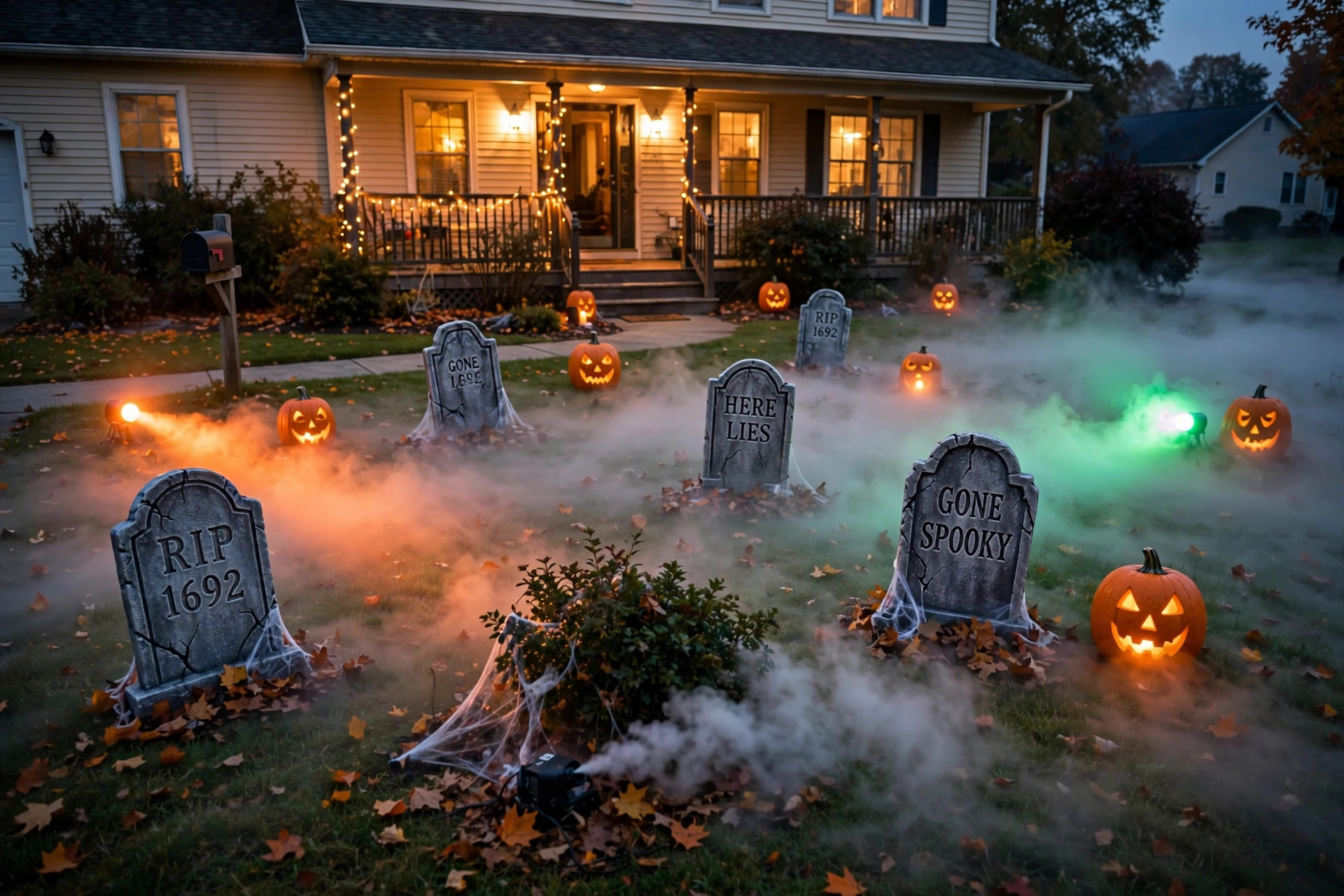 Halloween fog machine for yard haunt effect rolling fog across a front yard