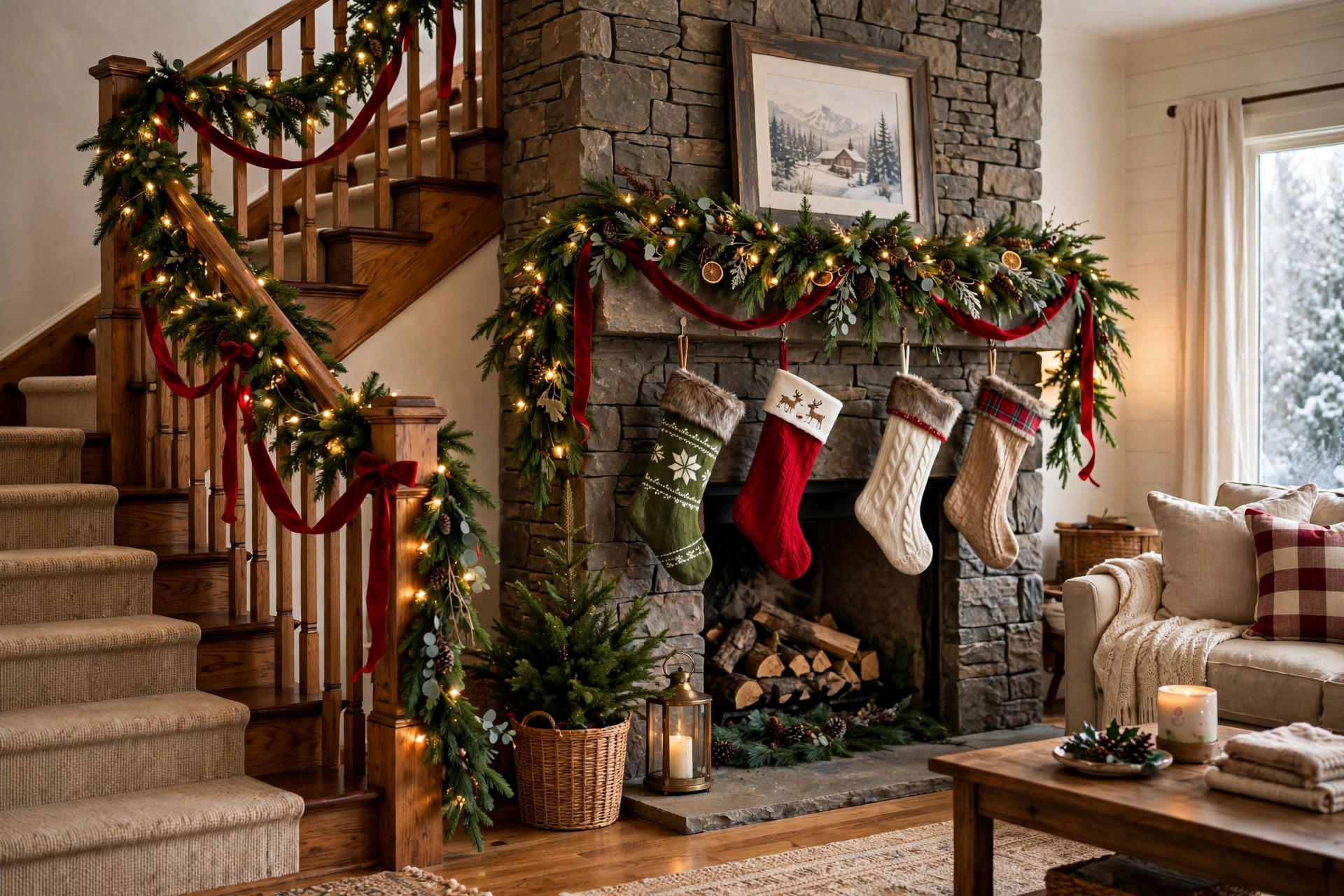 christmas garland for staircase and mantel usa: Christmas garland for staircase and mantel draped on a wooden banister and fireplace