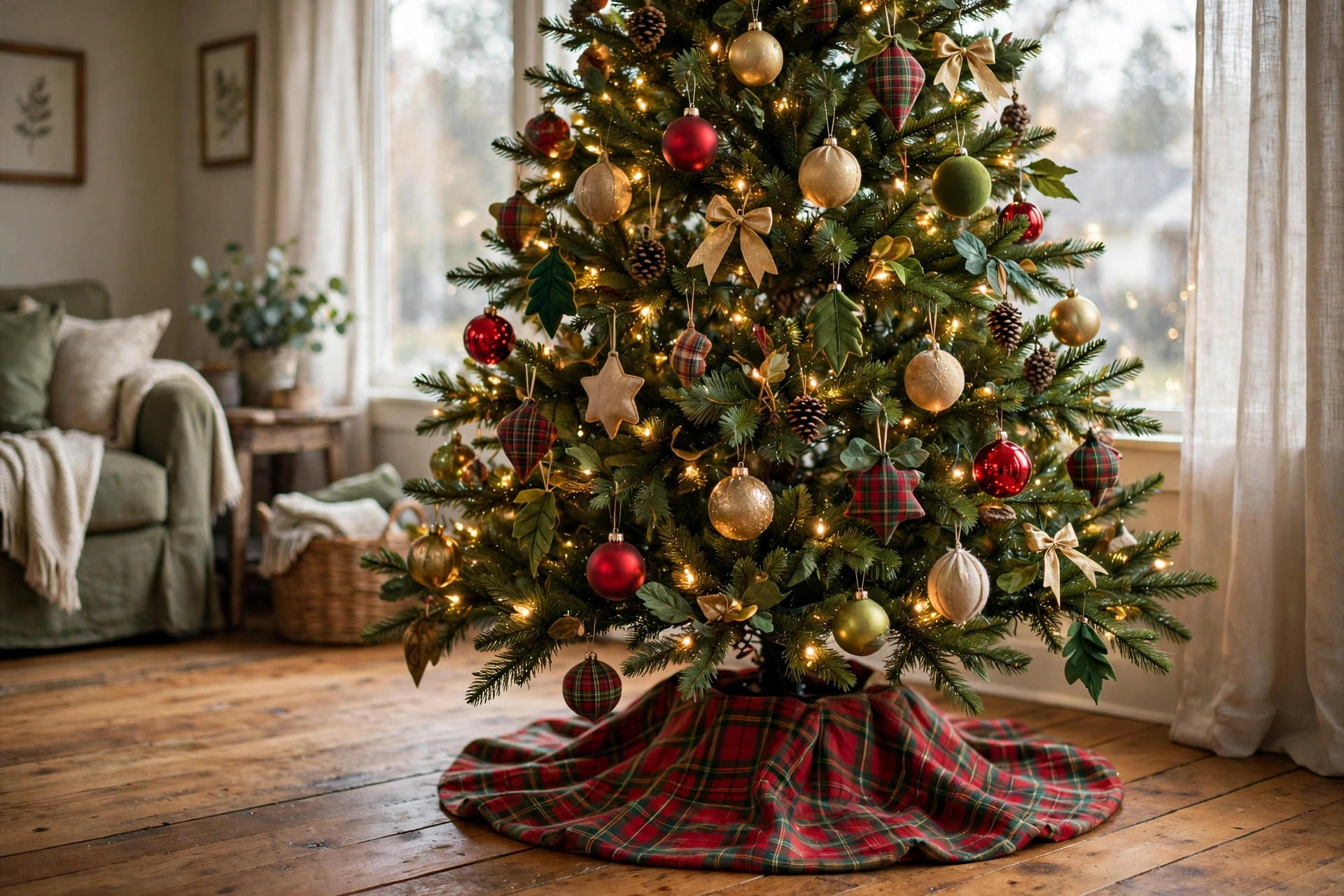 best christmas ornaments shatterproof for pets: A Christmas tree decorated with shatterproof ornaments in a pet-friendly living room