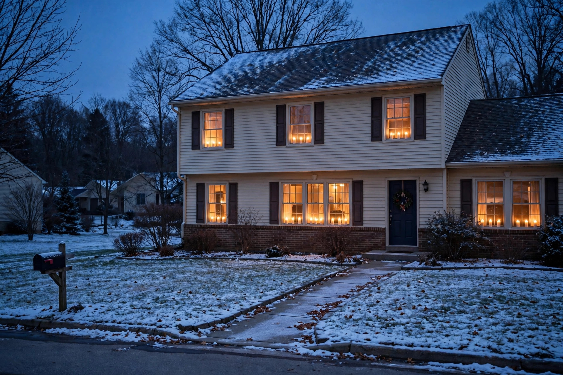 christmas window candles with timer for home glowing in front windows at dusk