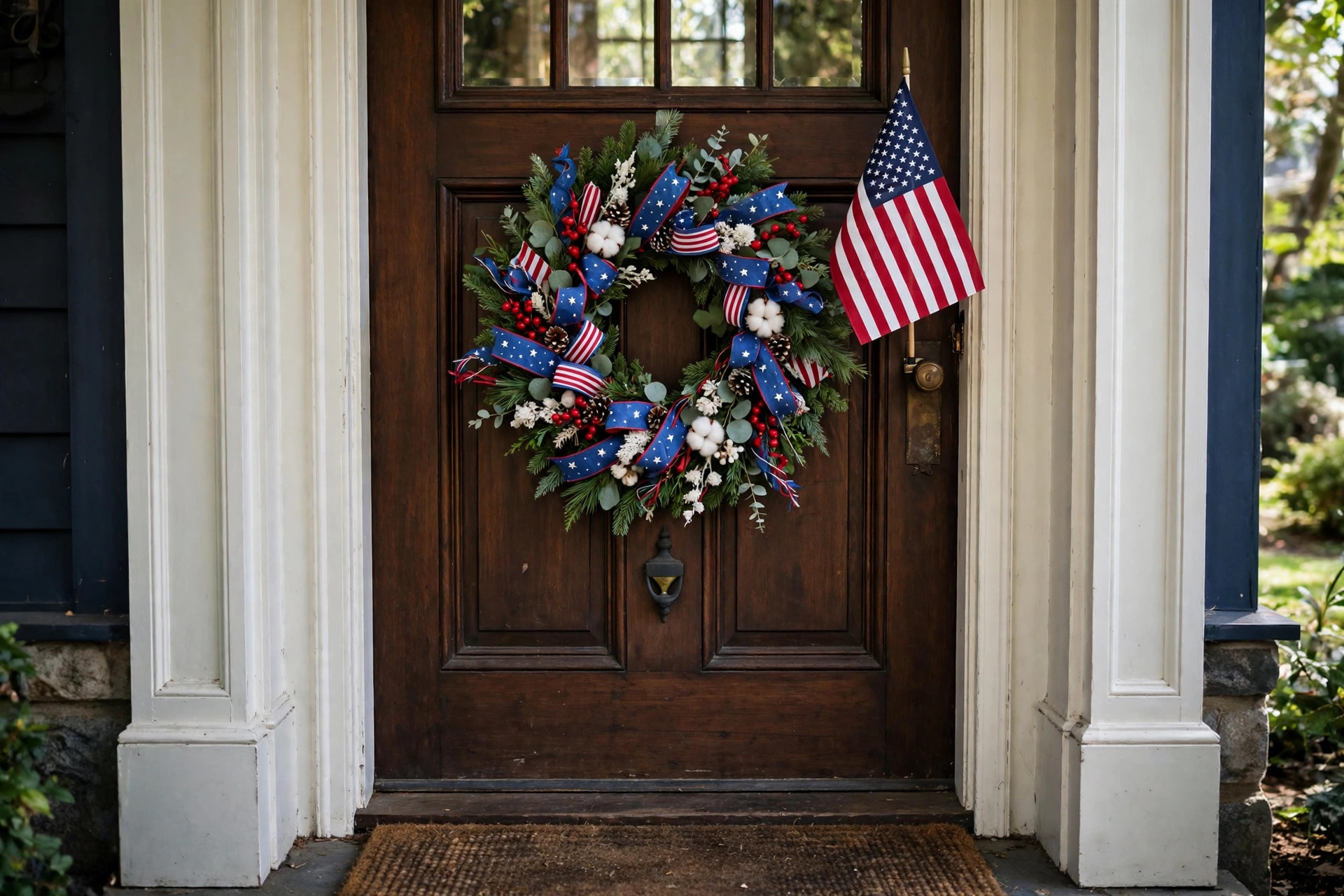 Patriotic wreath for front door Memorial Day with red, white, and blue flowers