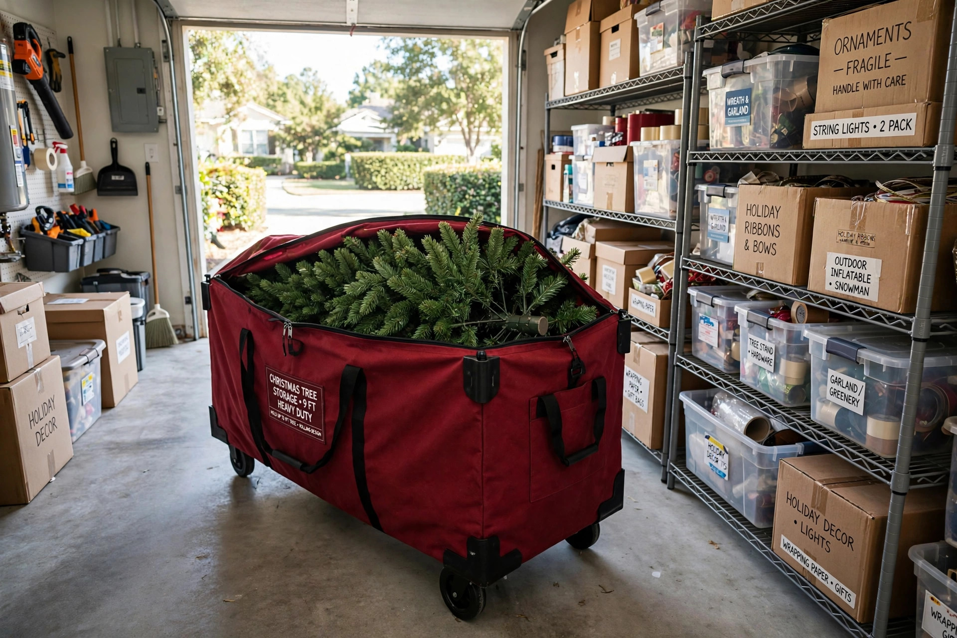 A large red Christmas tree storage bag holding a 9ft artificial tree in a garage, Best christmas tree storage bag for 9ft tree