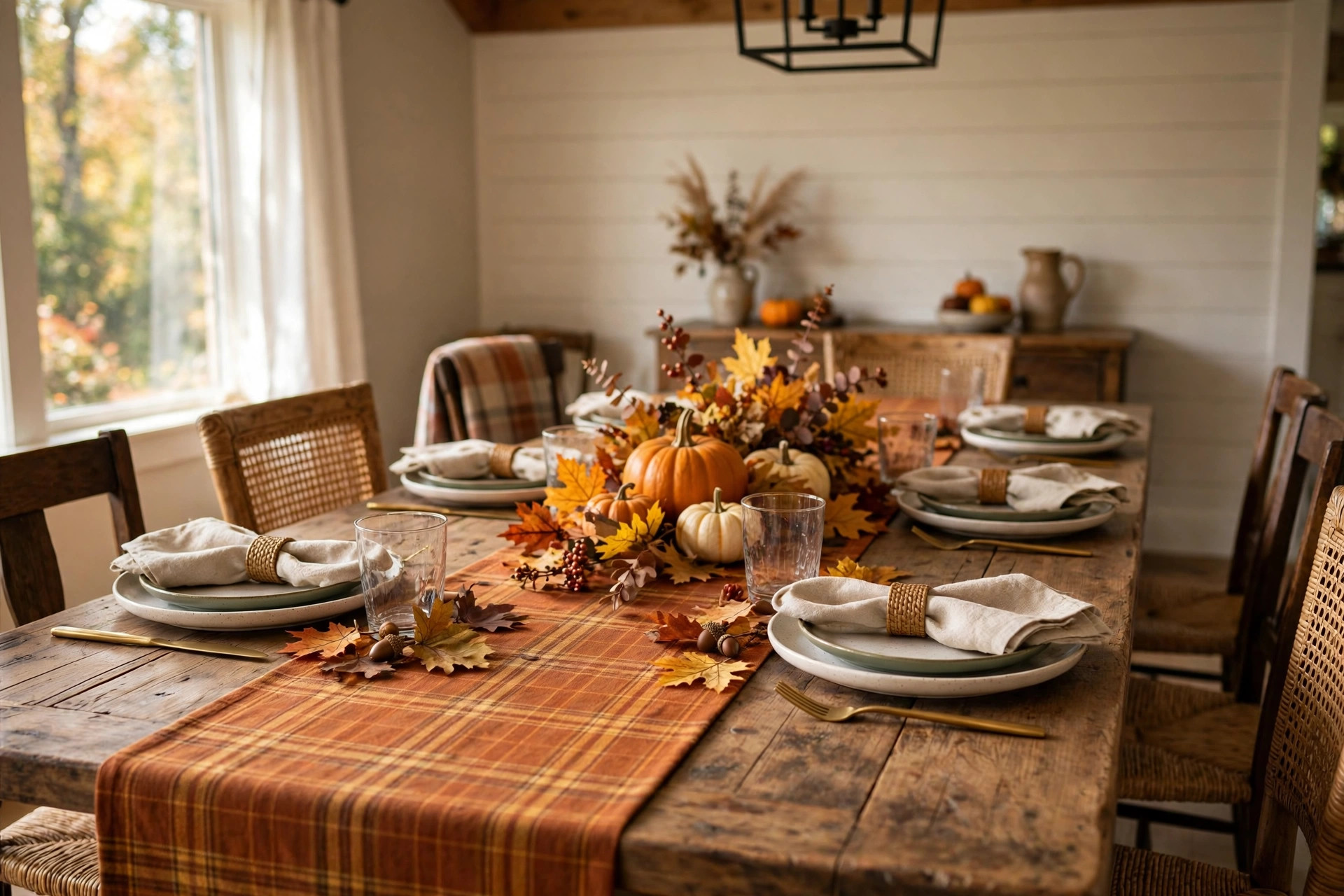 Best fall table runner for dining room harvest set on a dining table with autumn place settings