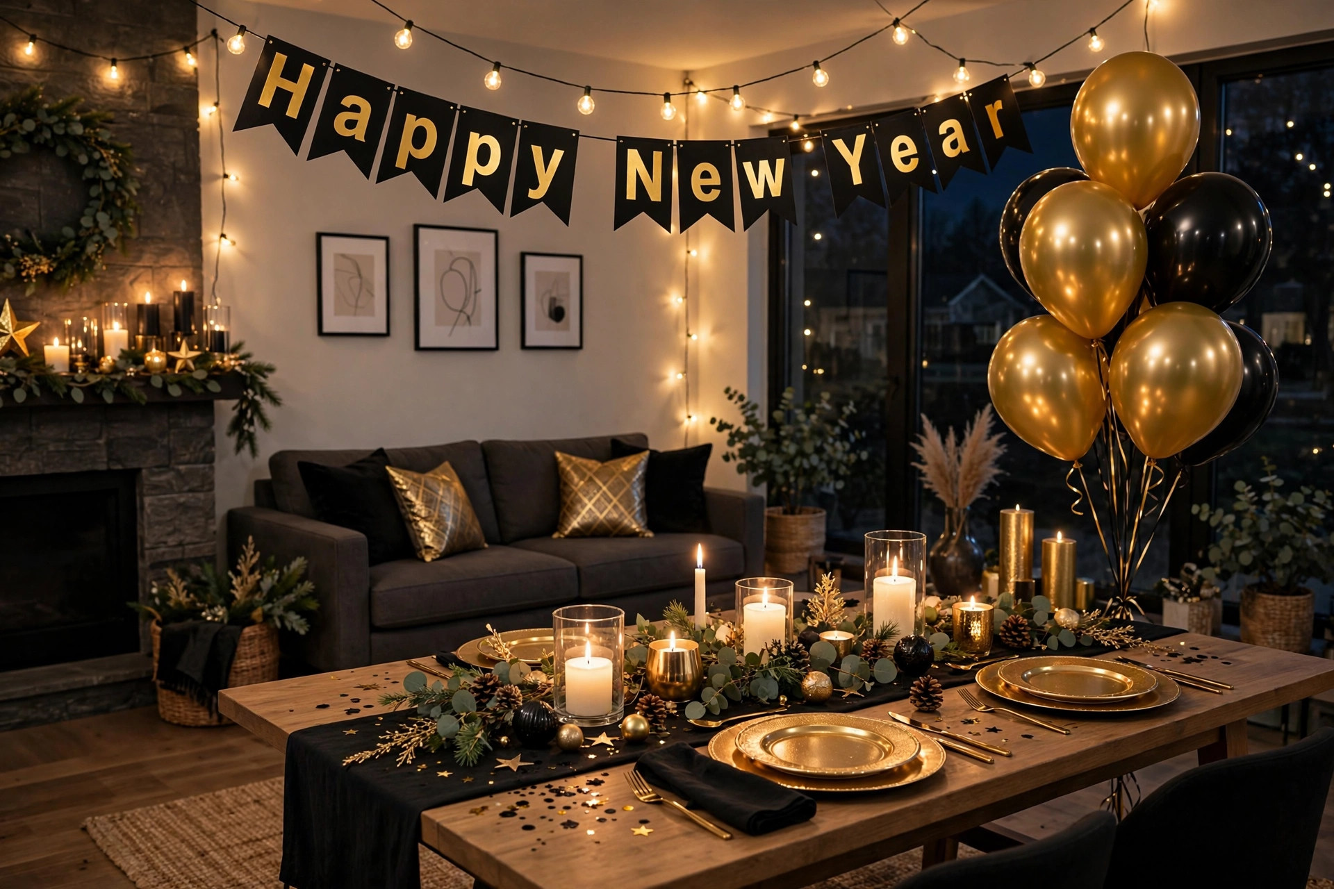 Best New Year Eve party decorations for home in a festive living room