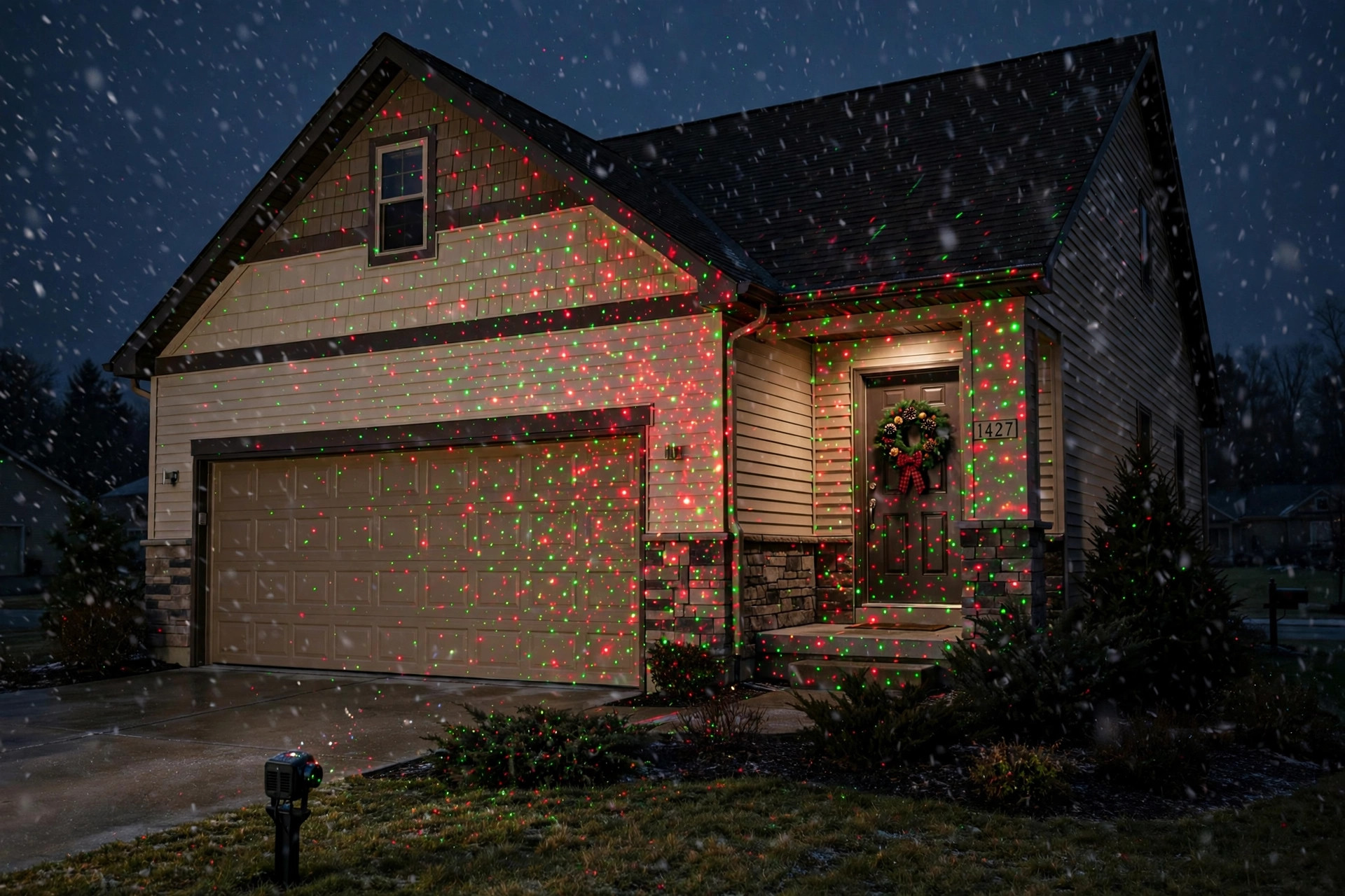 best christmas lights projector for house exterior: Christmas lights projector lighting a house exterior at night