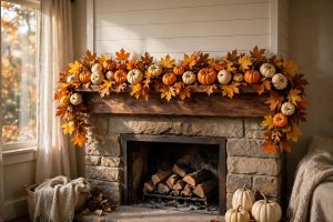 Fall Garland for Mantel With Pumpkins and Leaves