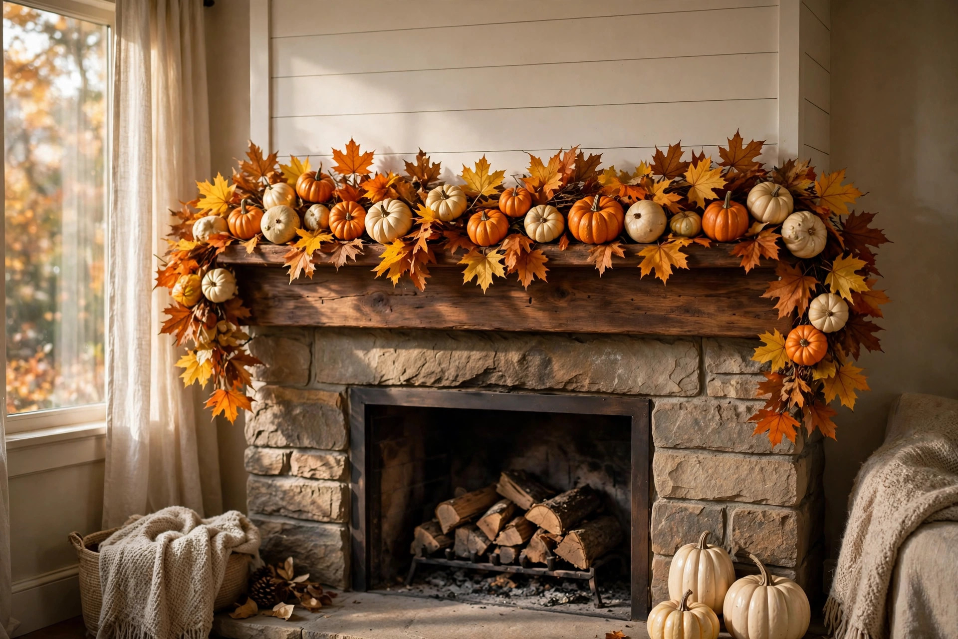 Fall garland for mantel with pumpkins leaves on a living room mantel