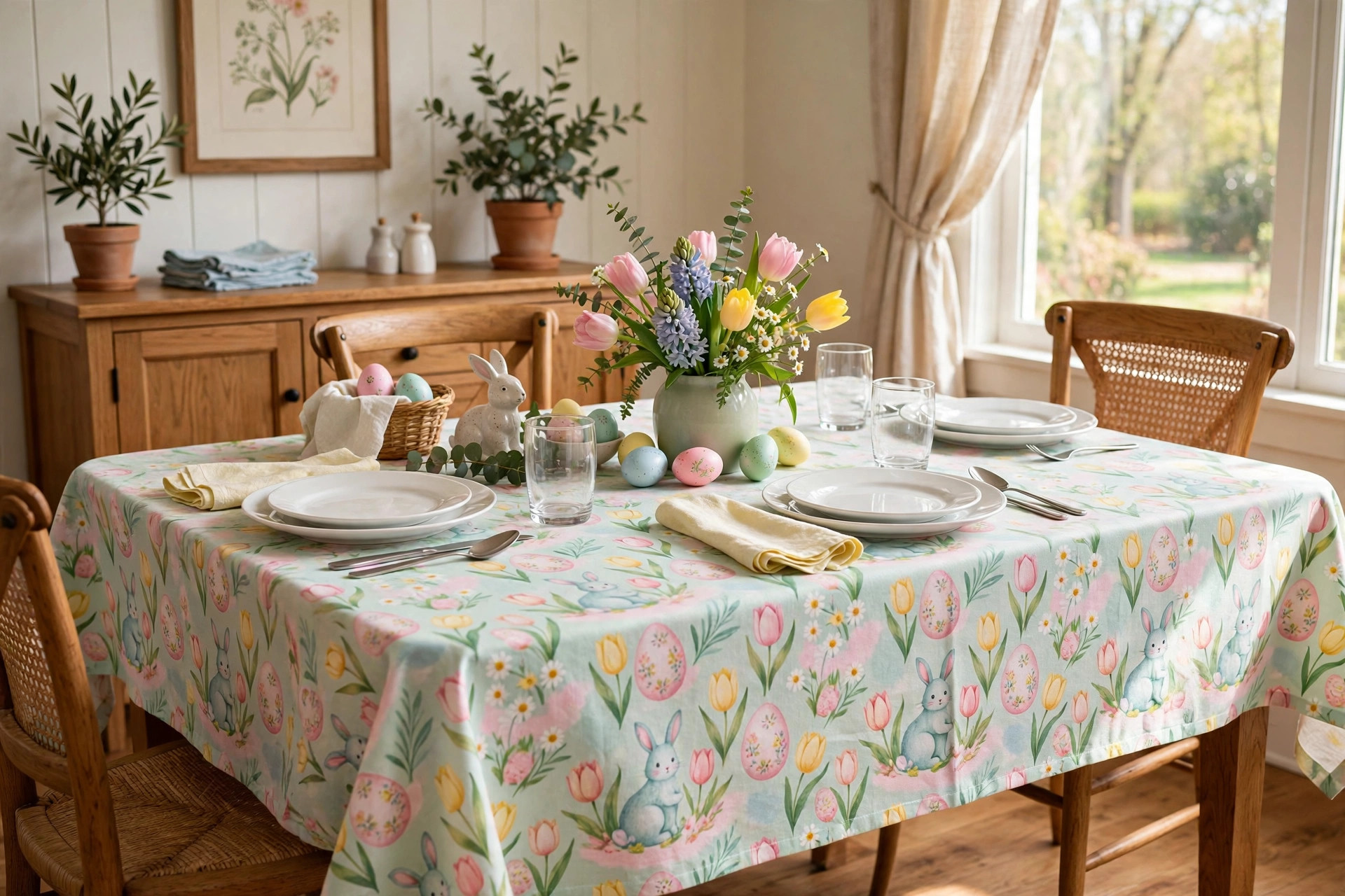 Easter tablecloth for spring dinner party usa on a dining table