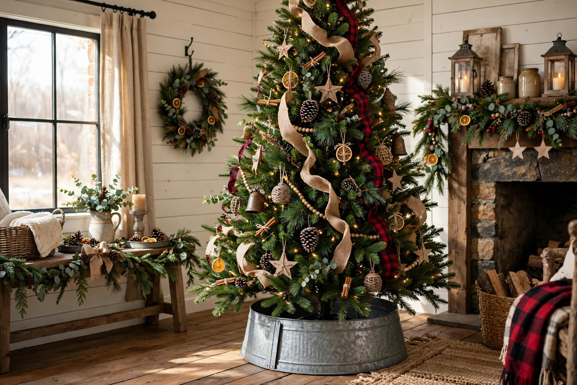best christmas tree collar for farmhouse style: Galvanized farmhouse style Christmas tree collar around the base of a tree