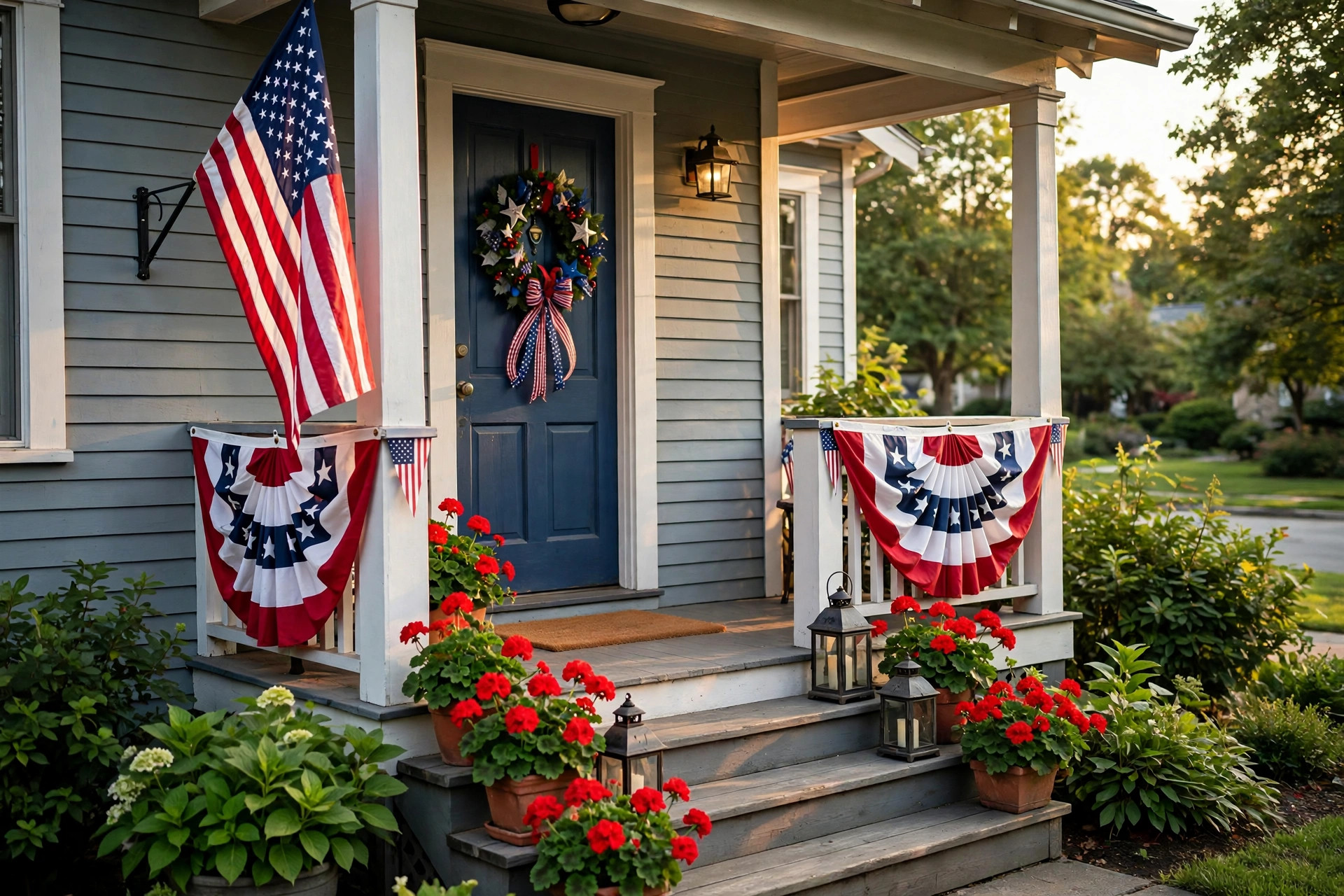 memorial day decorations for porch american flag: Porch decorated with American flags for Memorial Day