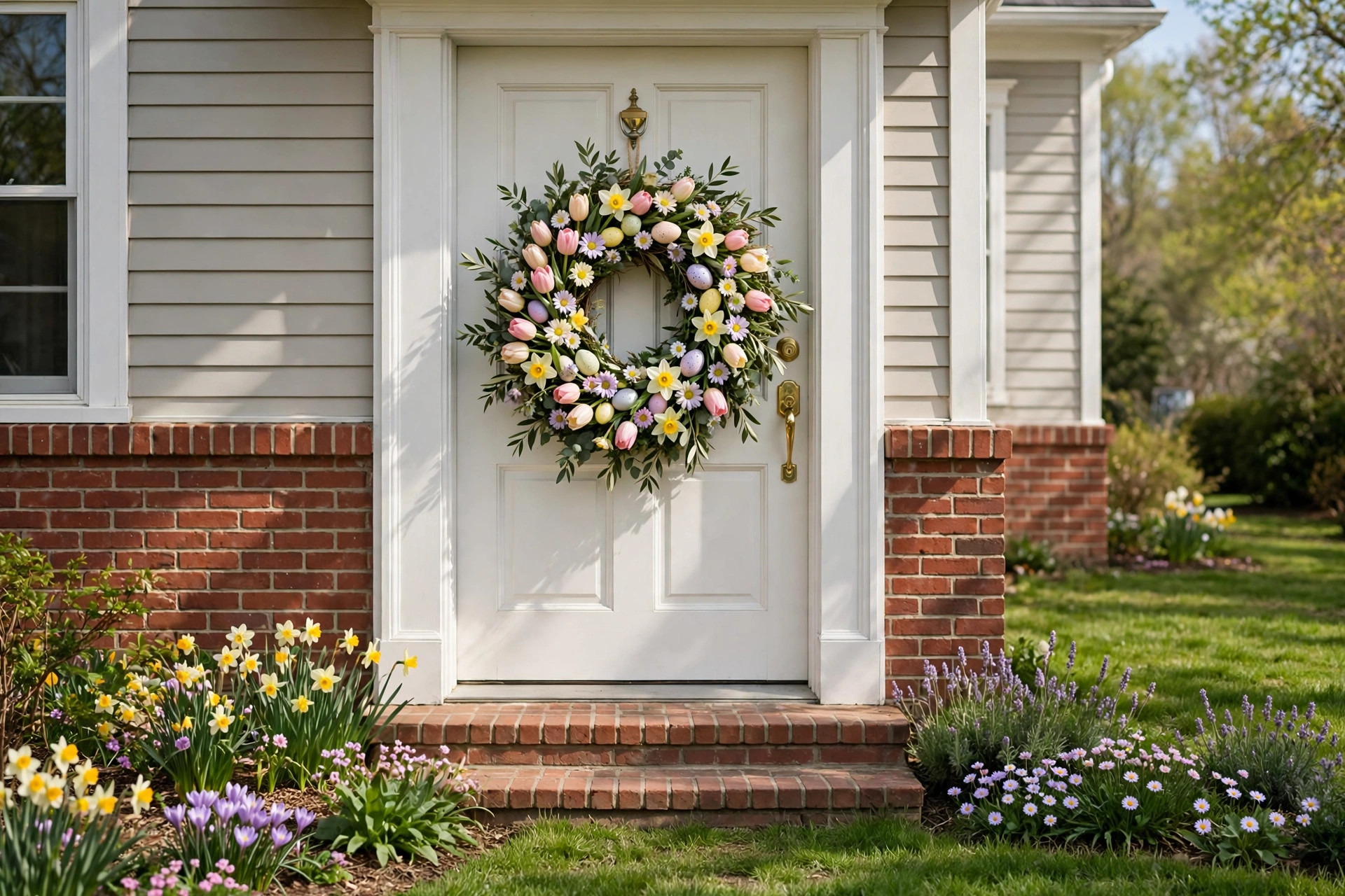 best easter wreath for front door spring flowers: Easter wreath with spring flowers on a front door