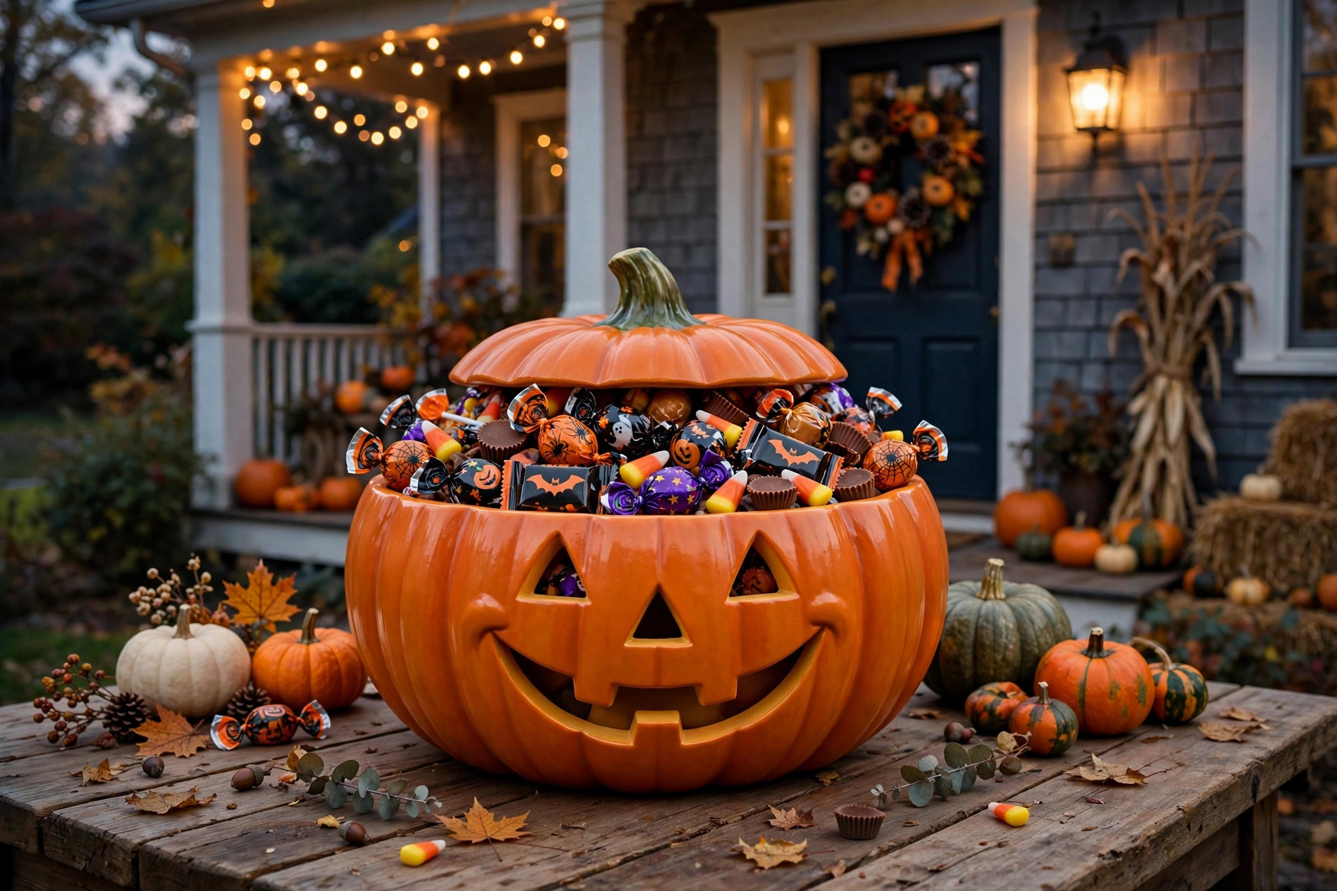best halloween candy bowl for trick or treaters: A decorated Halloween candy bowl on a porch table for trick or treaters