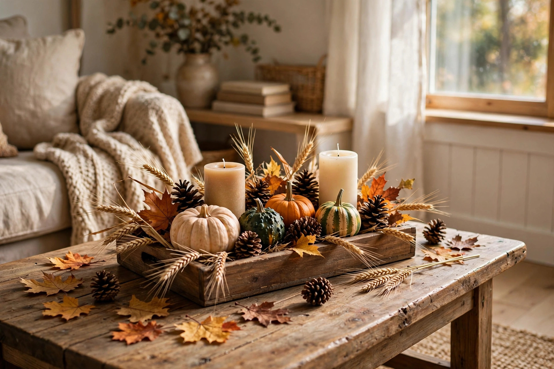 Fall centerpiece for coffee table harvest style with pumpkins and candles