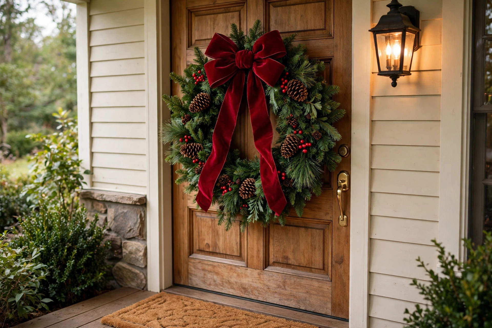 best christmas bows for wreaths and garlands: Red velvet Christmas bow on a front-door evergreen wreath