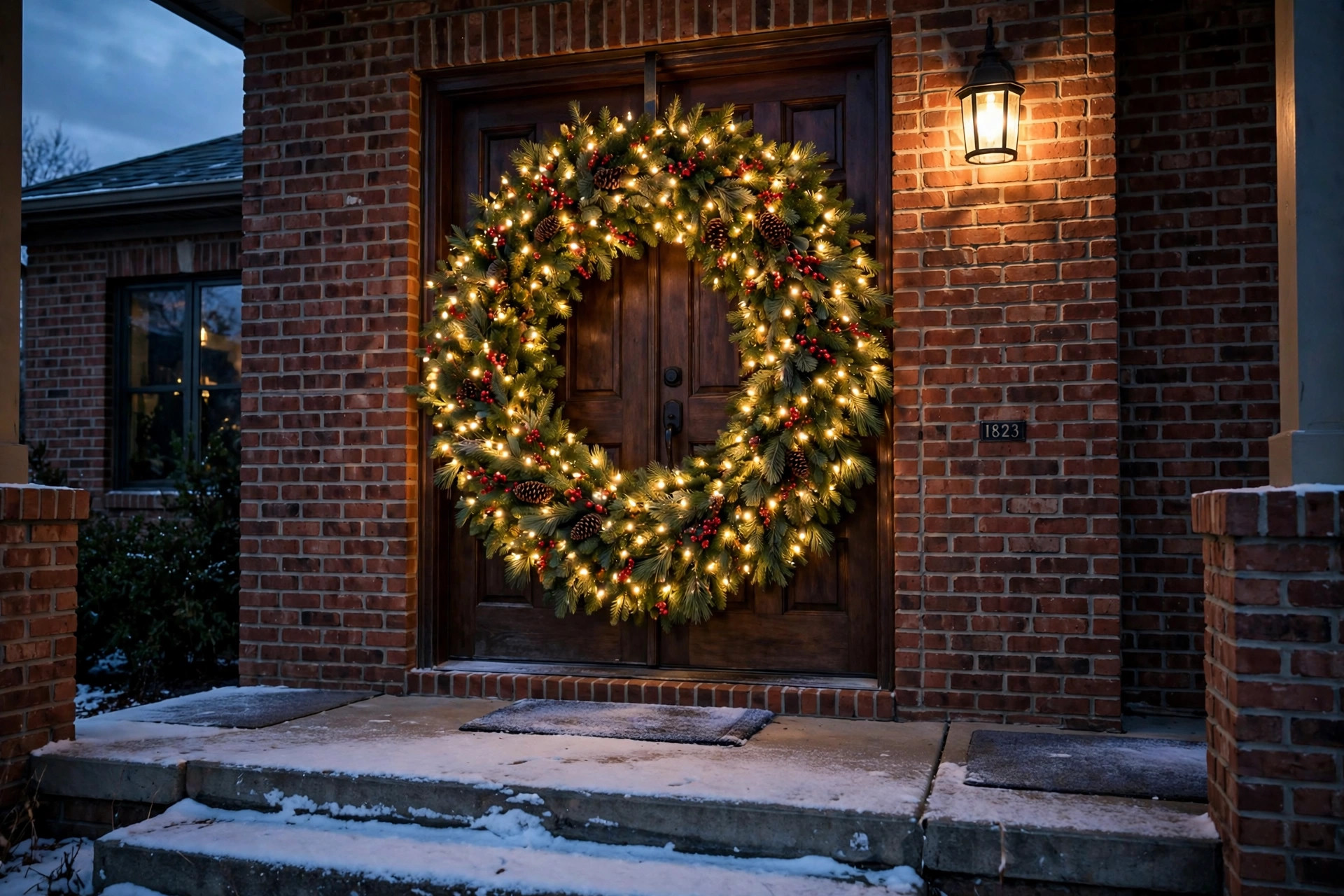 best outdoor christmas wreath with lights large: Large outdoor Christmas wreath with lights hanging on a front door