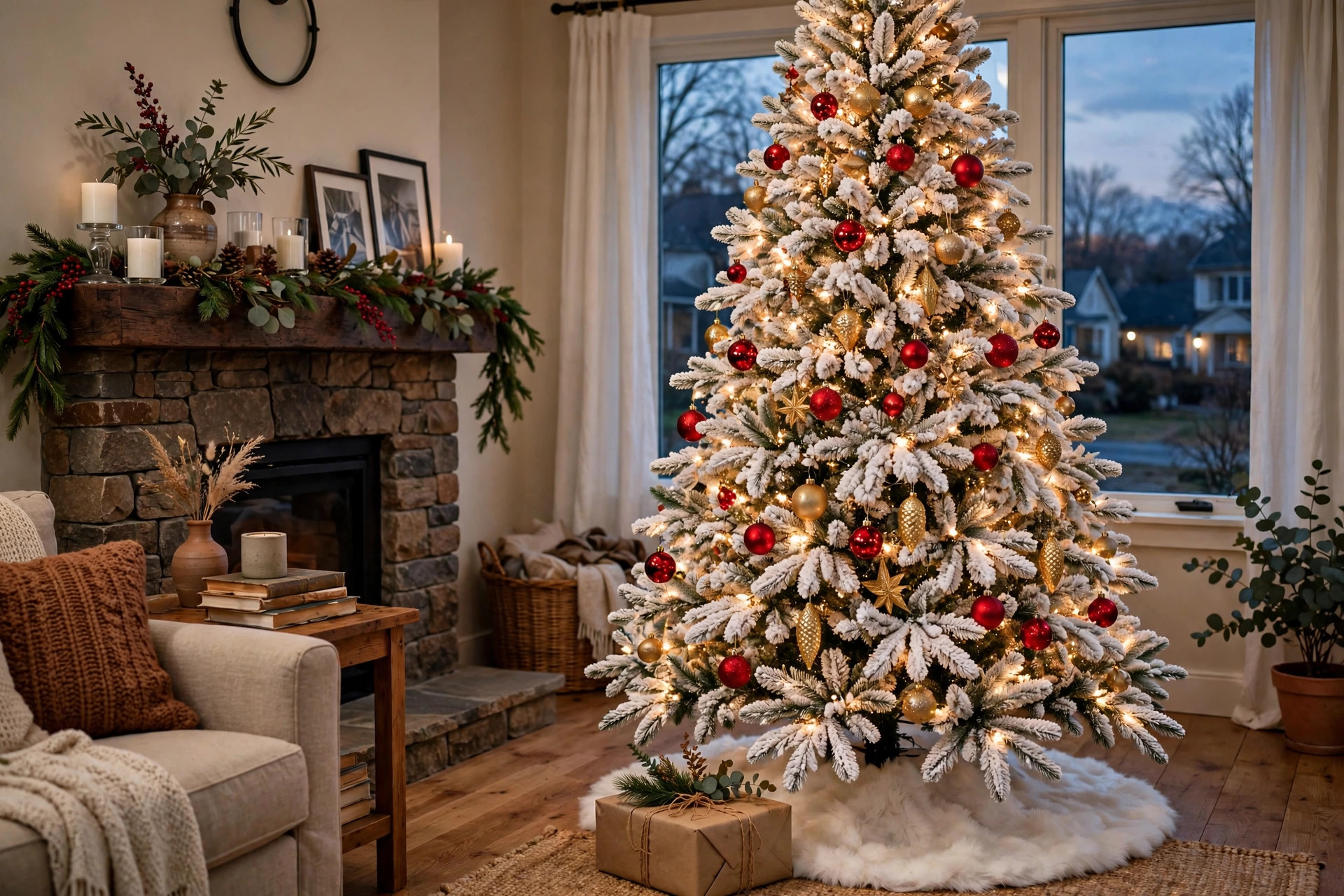Best christmas tree flocked for snowy look in a decorated living room