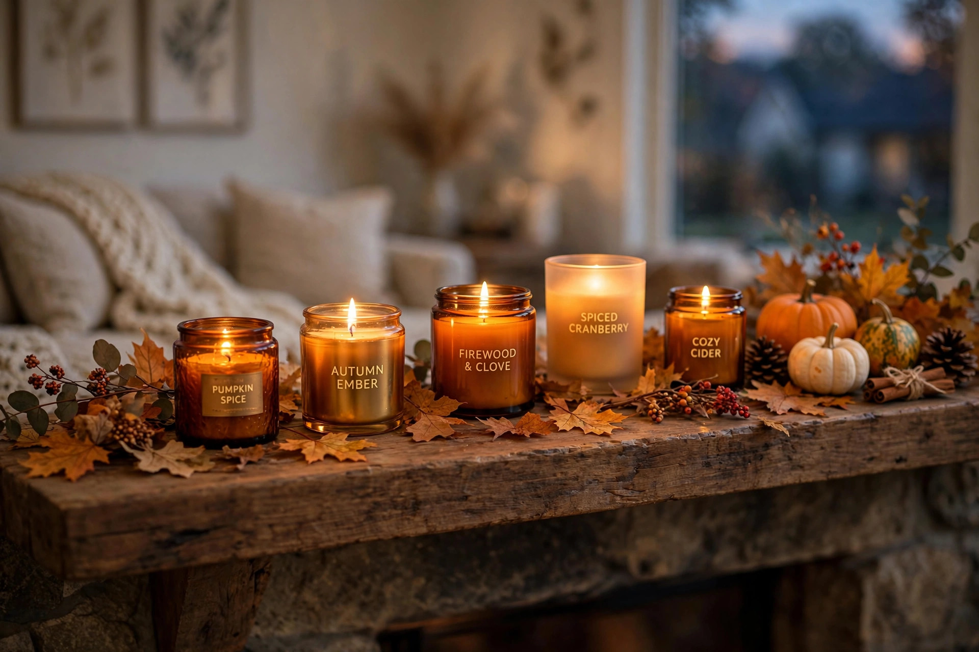 best fall candles for cozy home fragrance: Fall candles for cozy home fragrance glowing on a mantel
