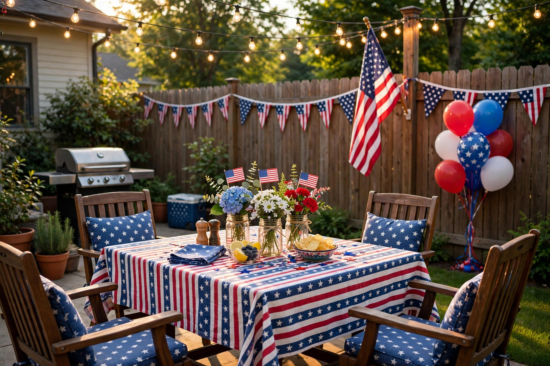 Labor day decorations for backyard bbq party with red white and blue table decor