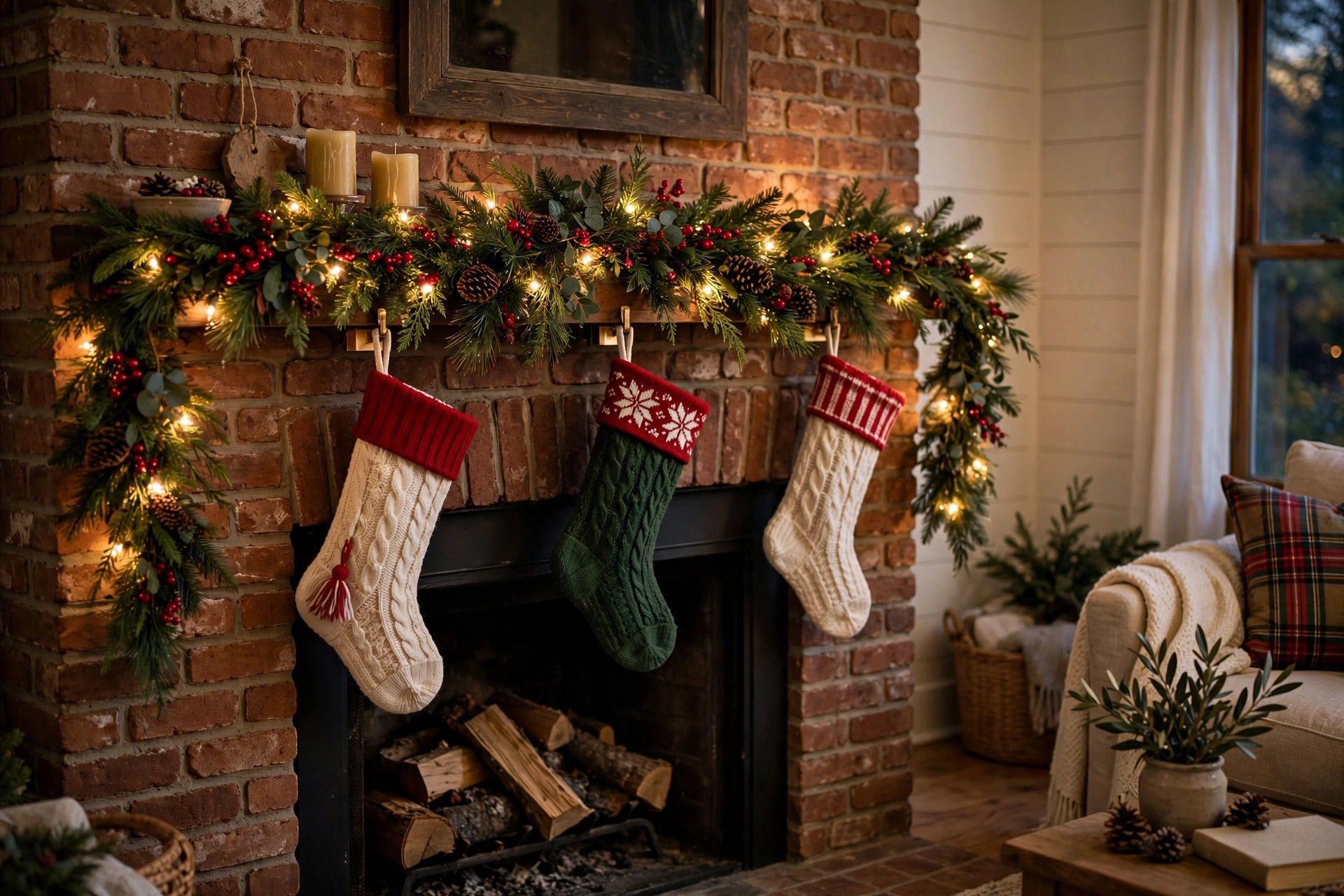 Best christmas garland with lights for mantel draped along a brick fireplace