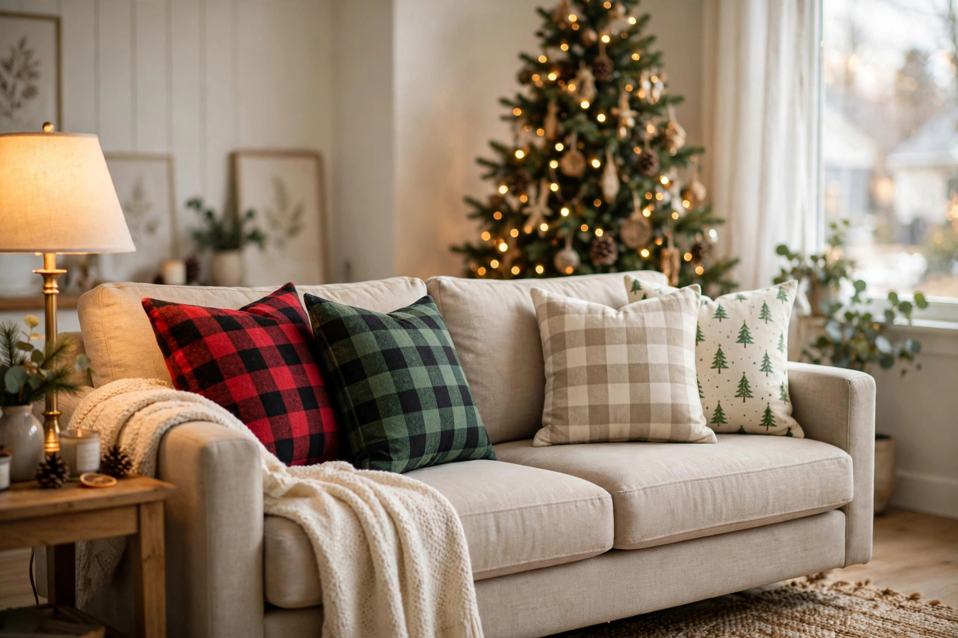 Festive sofa with christmas pillow covers for couch holiday decor