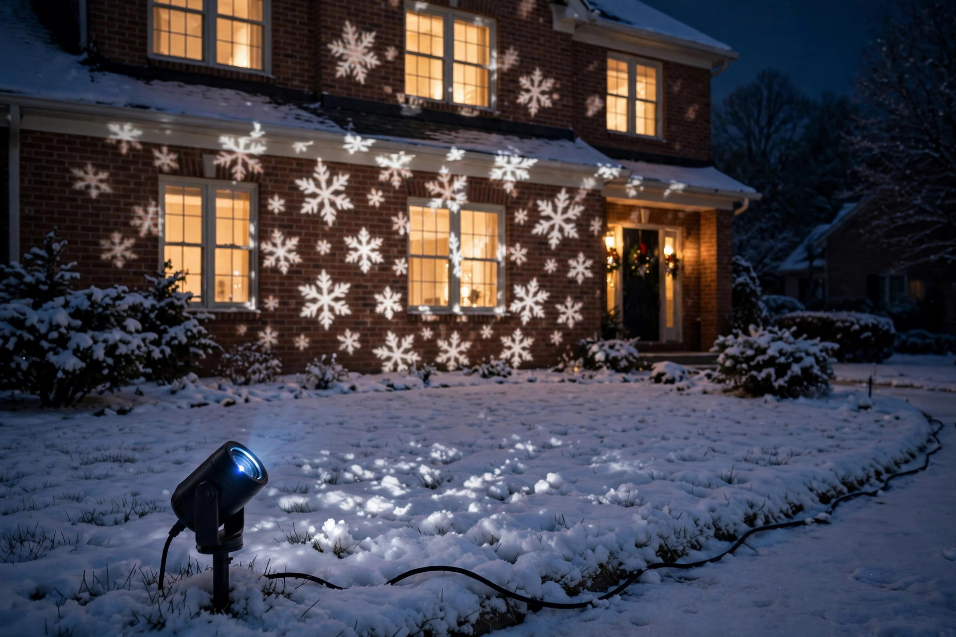 best christmas outdoor projector with remote timer: Christmas light projector with remote timer glowing on a house front at night