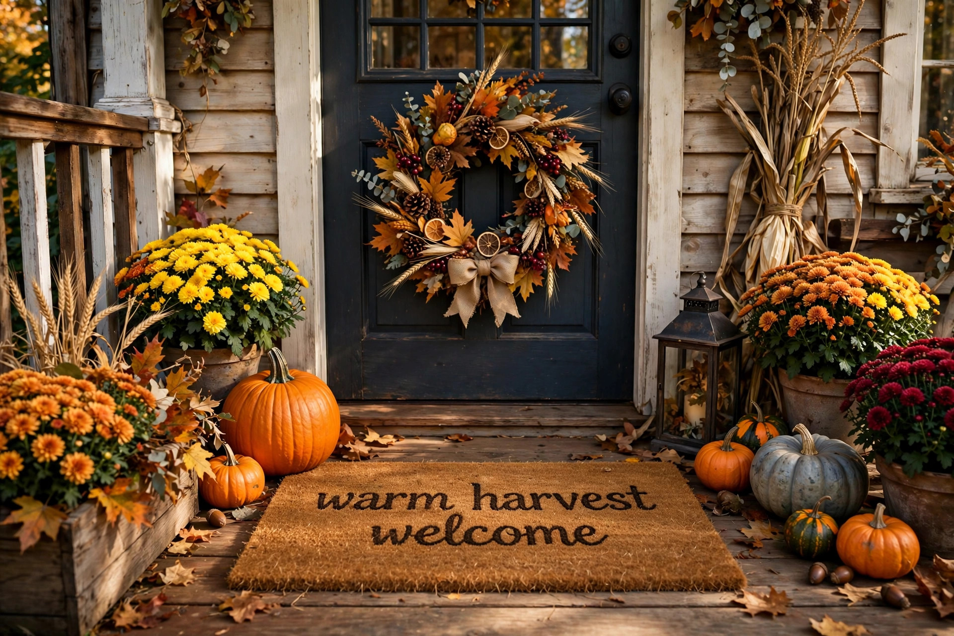 Fall doormat for farmhouse porch welcome USA resting on a wooden farmhouse porch