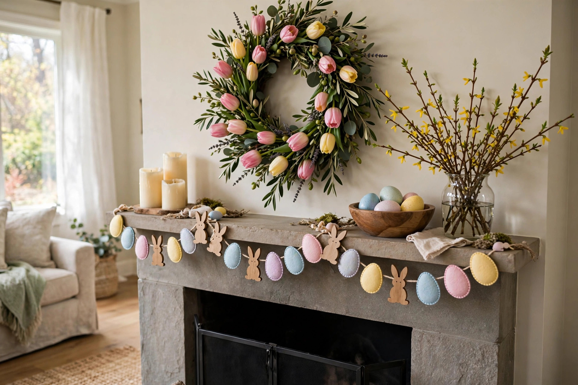 Best Easter decorations for mantel spring display with pastel garlands and spring flowers