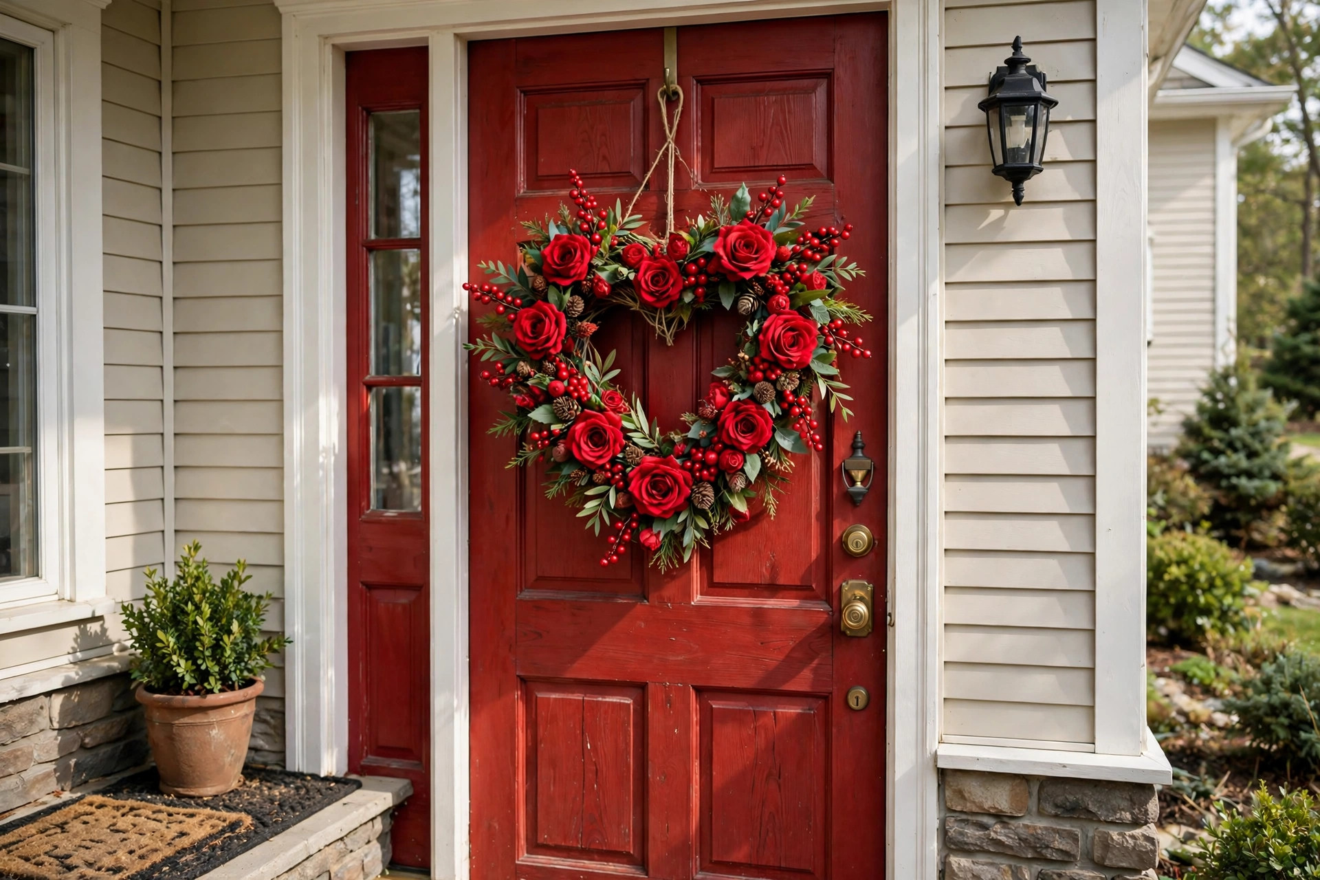 valentines wreath for front door heart decor hanging on a red front door