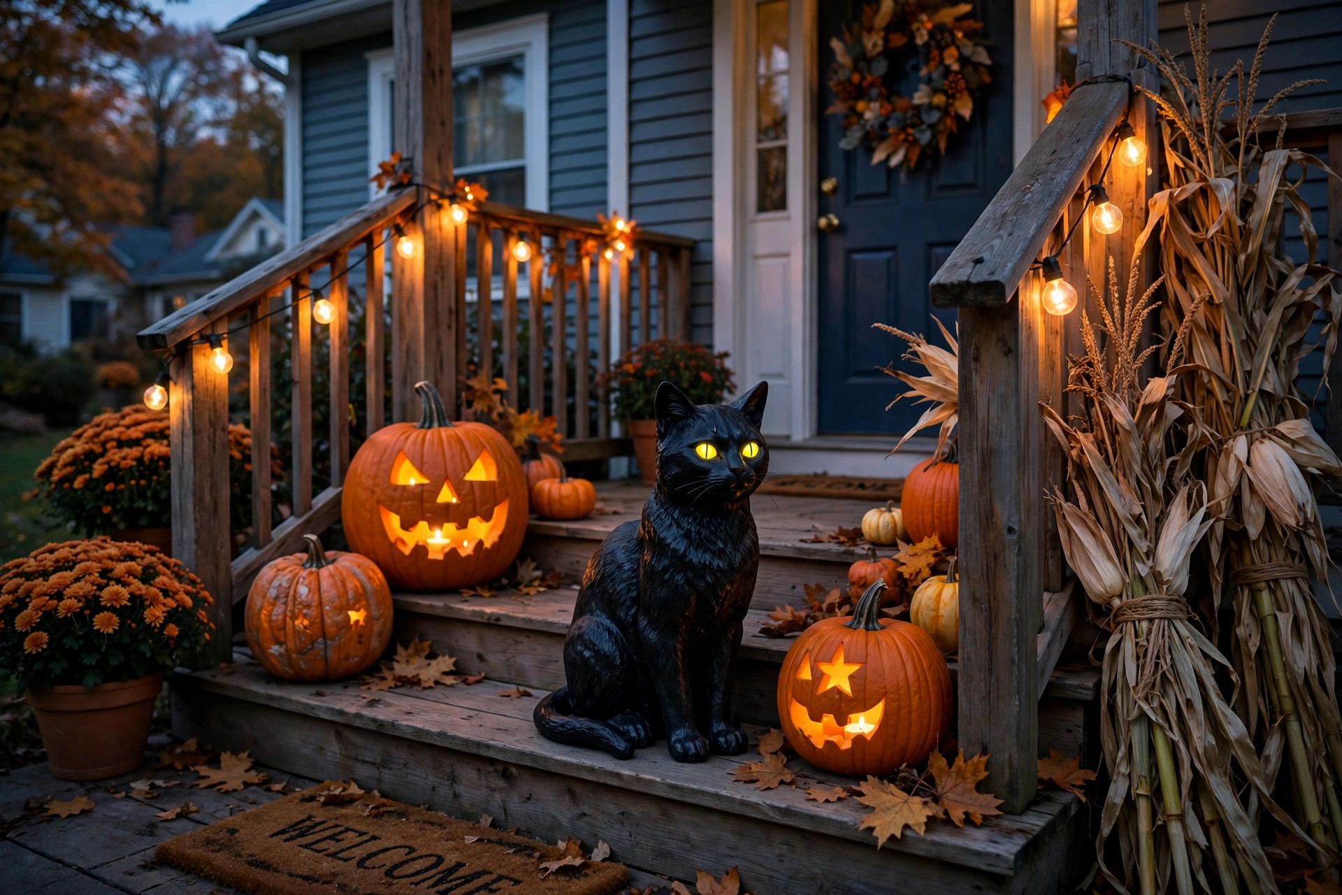 best halloween black cat decorations for porch: Black cat Halloween decorations on a porch with pumpkins and string lights