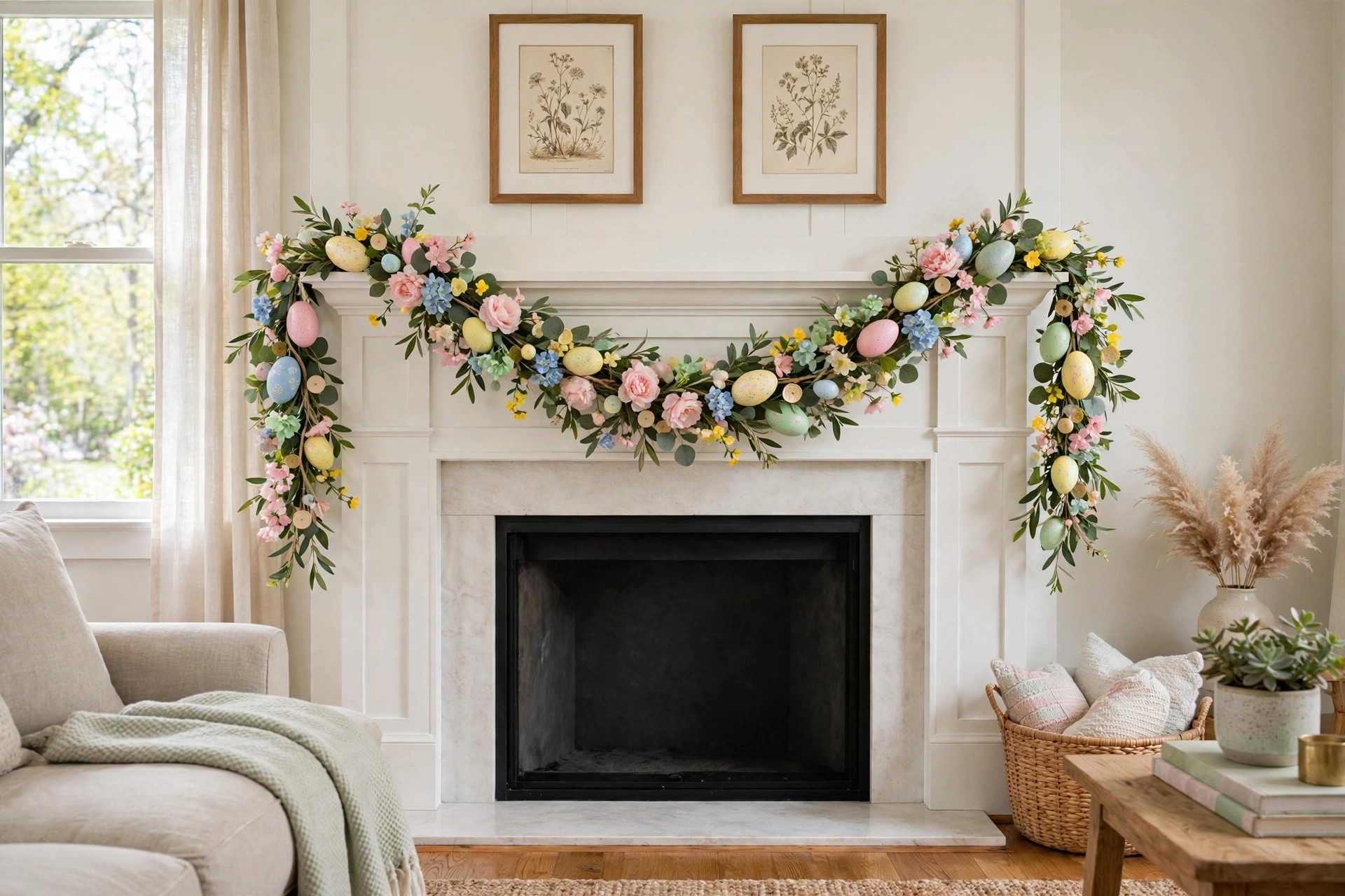Easter garland for fireplace mantel spring decor on a white mantel