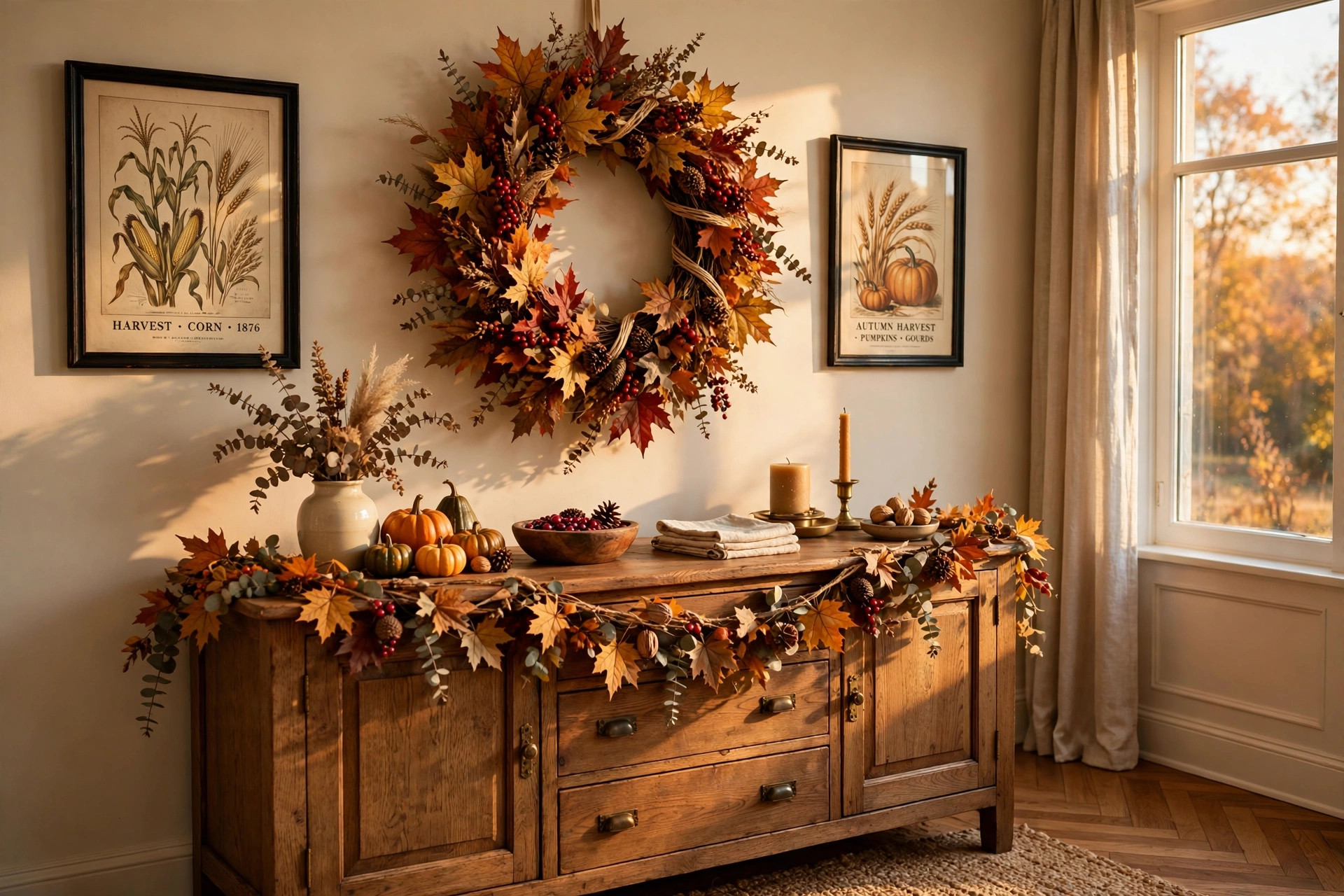 best thanksgiving wall decor for dining room: Thanksgiving wall decor with garlands and wreaths in a dining room