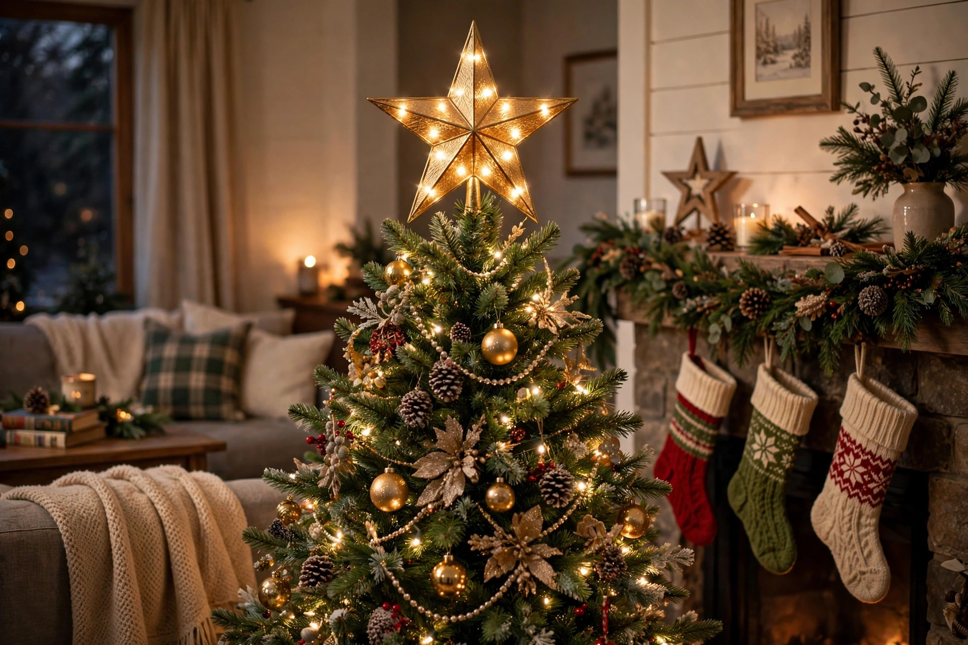 christmas tree topper star with lights usa: Golden star tree topper with lights glowing on a decorated Christmas tree