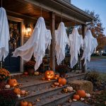best halloween ghost decorations hanging for porch: Hanging ghost decorations on a front porch for Halloween