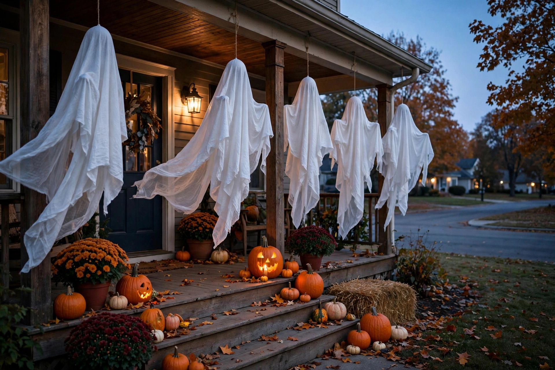 best halloween ghost decorations hanging for porch: Hanging ghost decorations on a front porch for Halloween