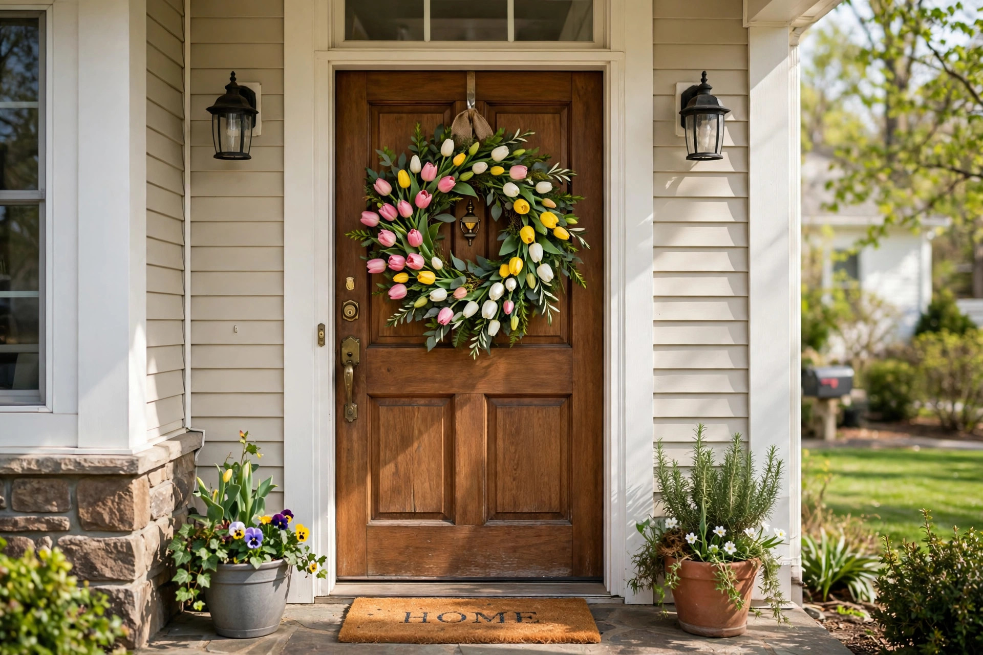 Spring wreath with tulips for front door hanging on a home entrance
