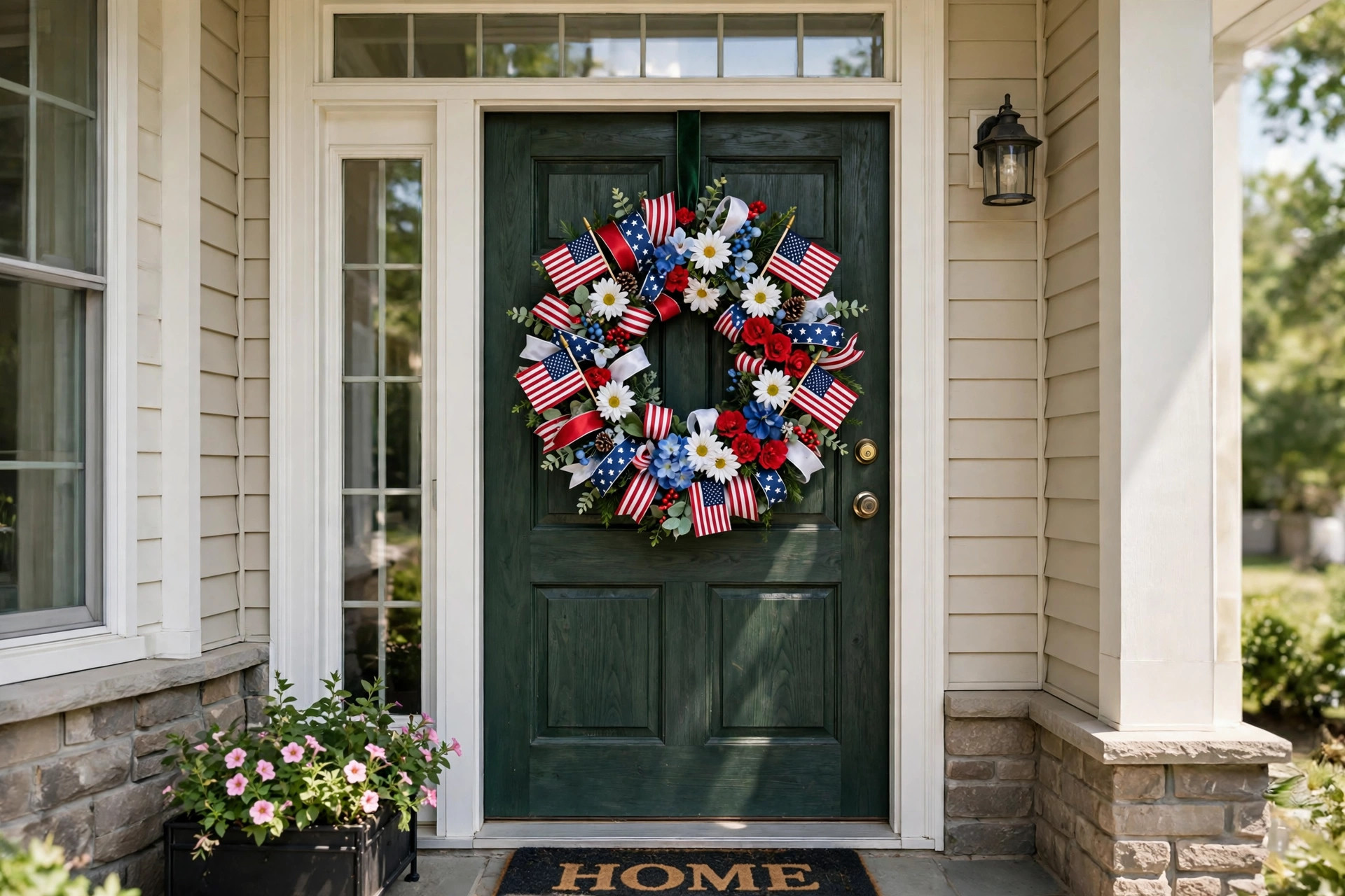A red, white, and blue fourth of july wreath for front door patriotic display hanging on a dark green front door