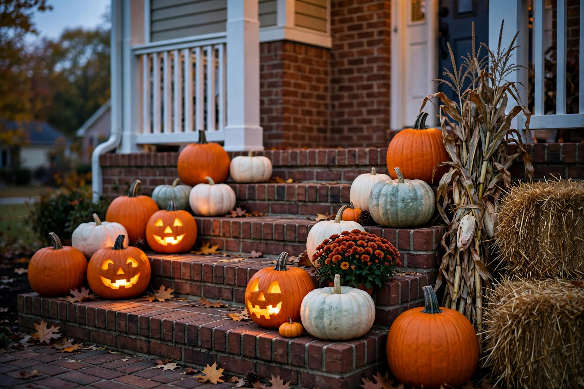 Halloween pumpkin decorations for porch steps USA homes arranged on brick front steps