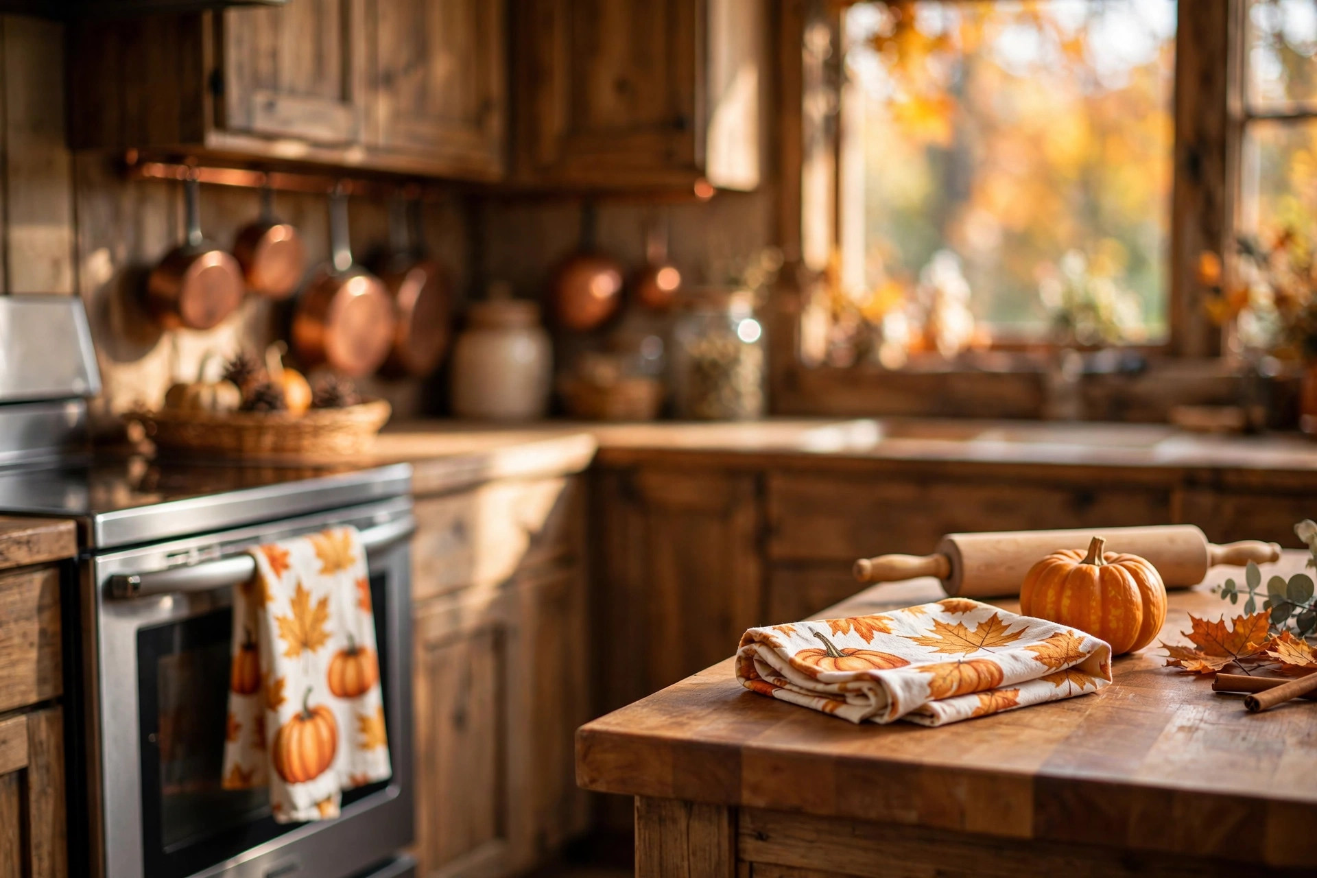 best fall kitchen towels for seasonal decor: Fall kitchen towels with pumpkin and leaf patterns