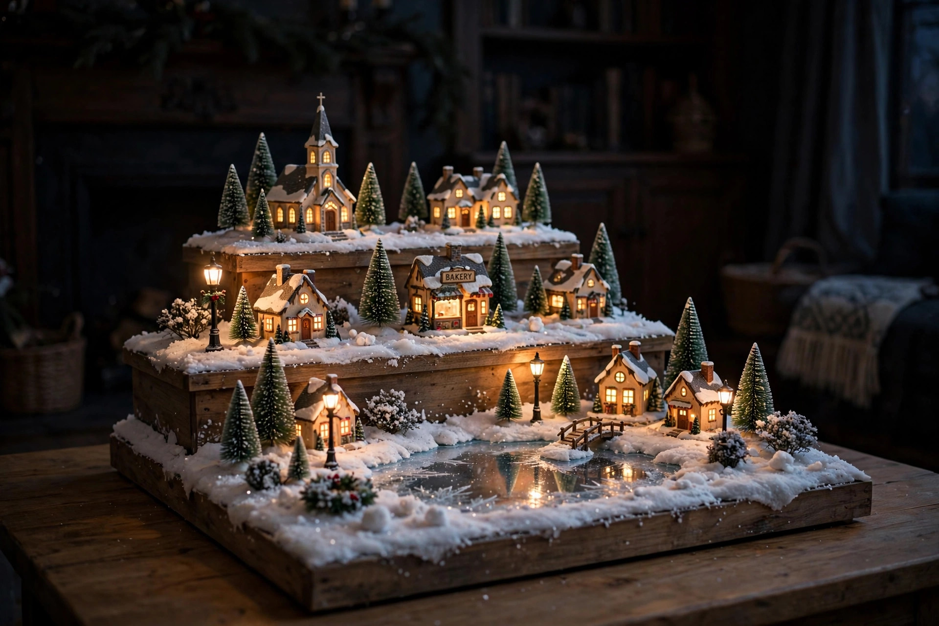 Christmas village display platform for collection USA with glowing houses