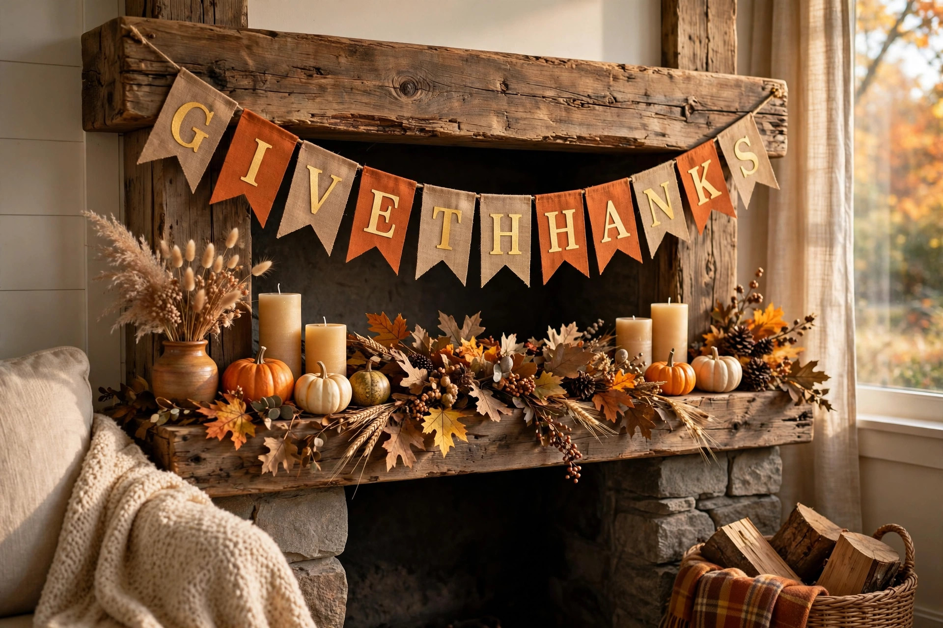 A thanksgiving banner for fireplace mantel decor above a wooden mantel in an American living room