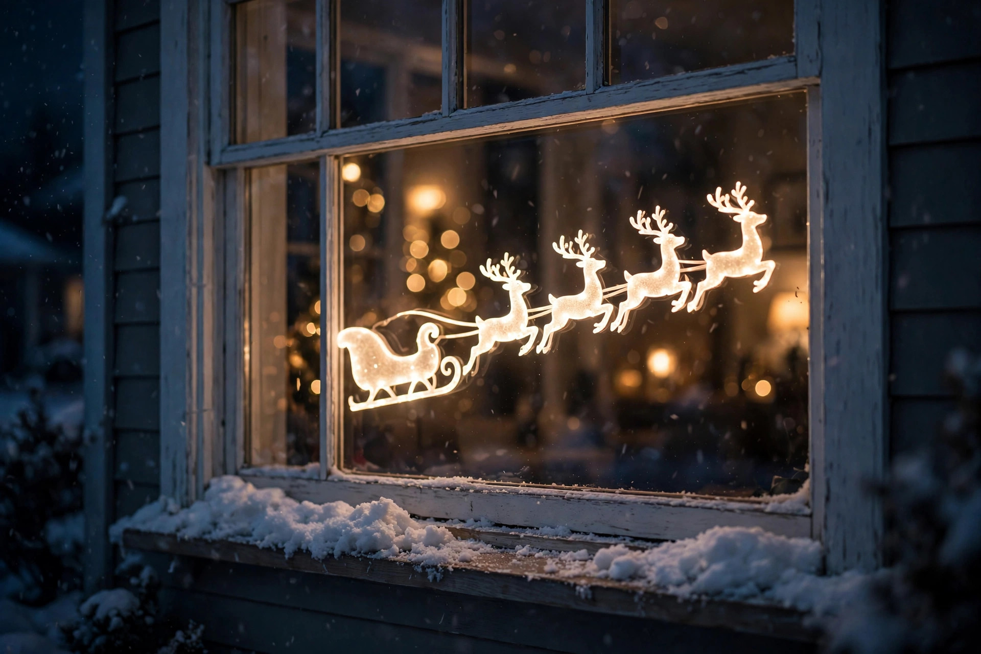 best christmas window silhouette decorations lighted: Lighted Christmas window silhouette decorations glowing in a home window at night