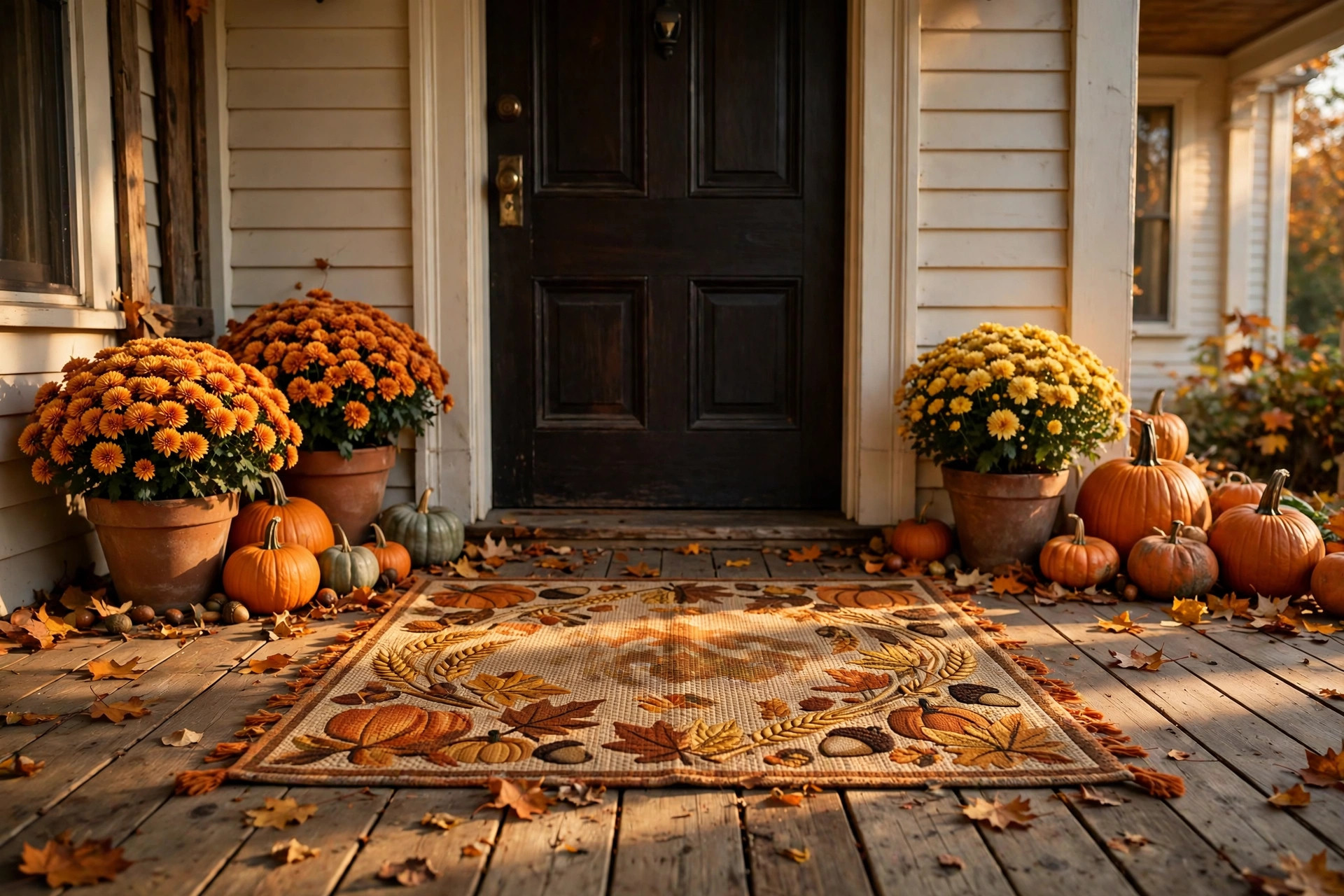 Autumn porch decorated with the best fall outdoor rug for porch harvest season, pumpkins and mums on the steps