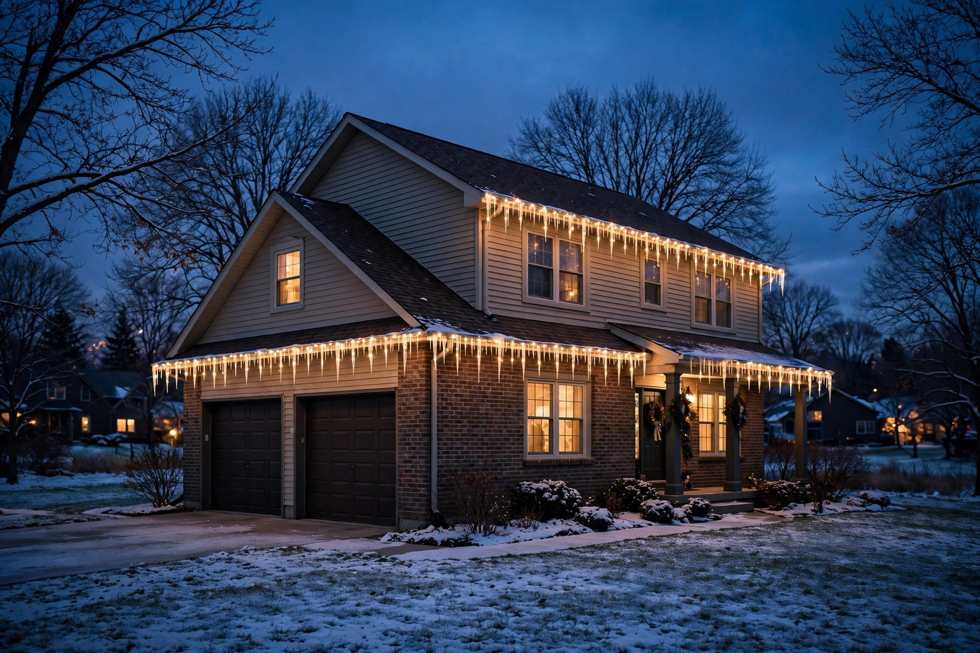 Best christmas icicle lights for roof eaves usa hanging along a house roofline at dusk