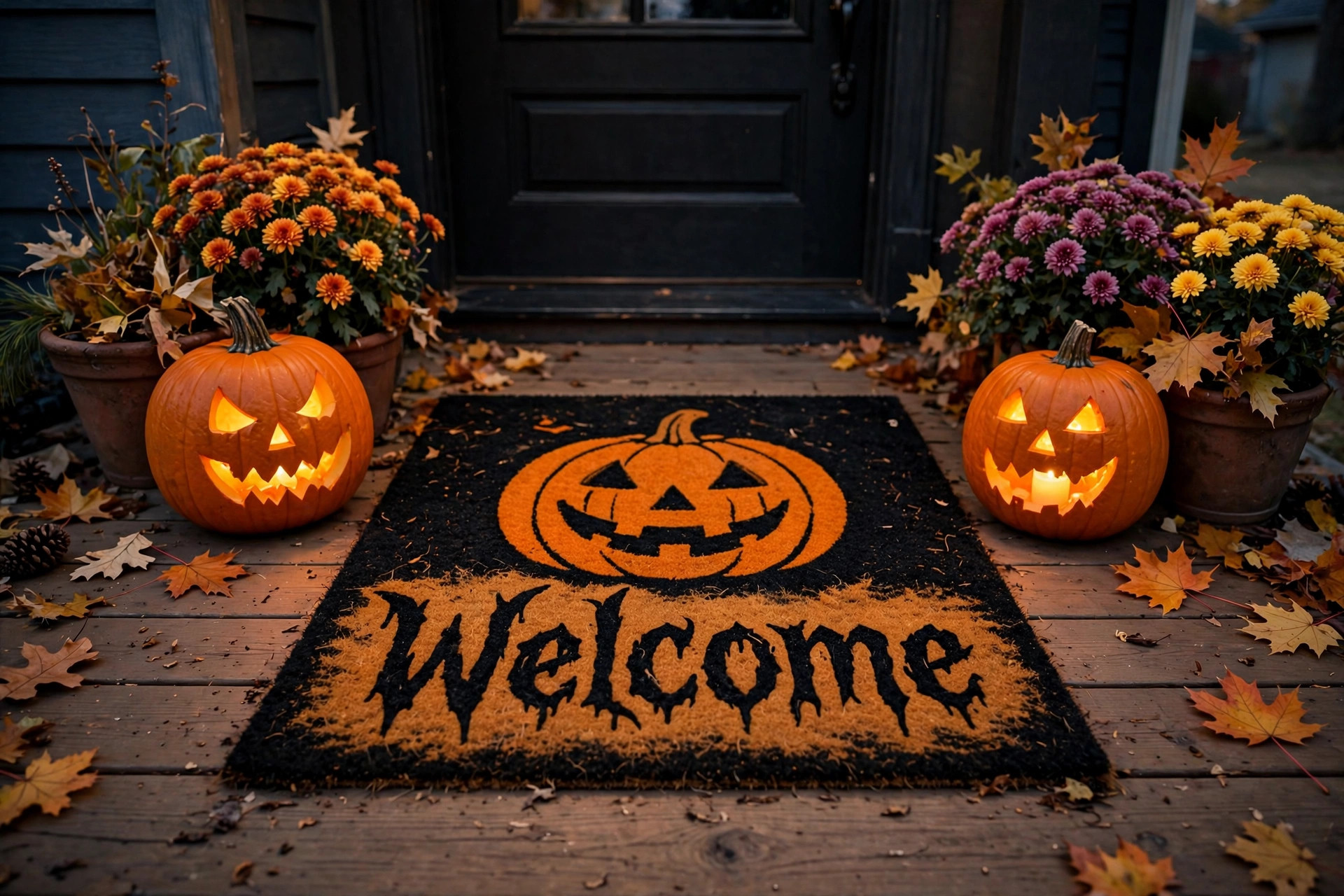 best halloween welcome mat for front door: A black and orange Halloween welcome mat with a pumpkin design on a front porch