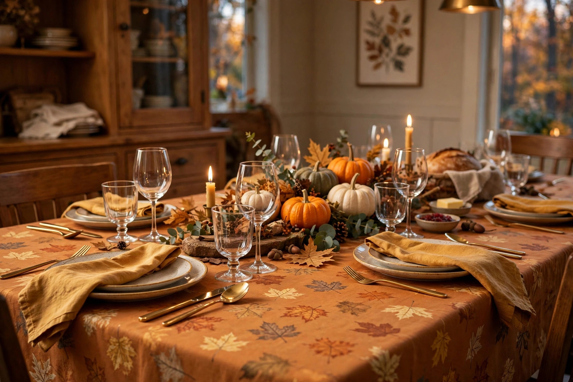 Thanksgiving tablecloth for fall dinner party usa on a decorated dining table