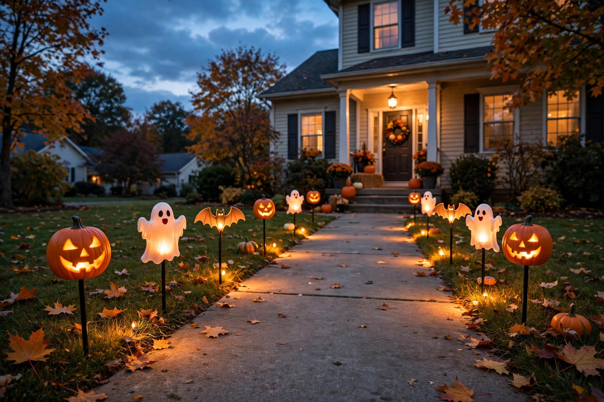 best halloween yard stakes for pathway lighting: Glowing Halloween yard stakes lighting a front pathway at night