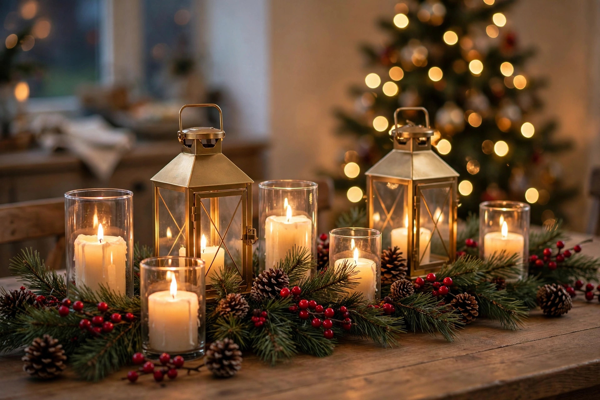 best christmas candle holders for dining table: Gold lantern candle holders on a Christmas dining table