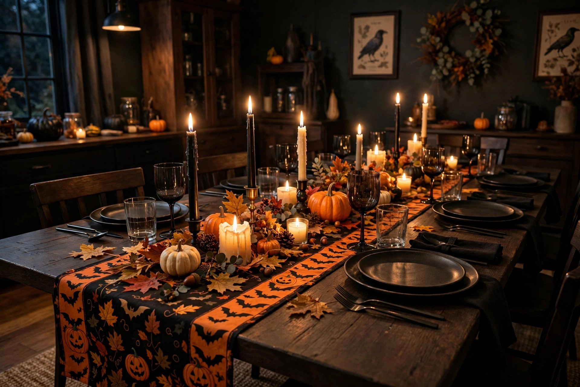 halloween table runner for spooky dinner party: Halloween table runner with spooky design on a dinner party table