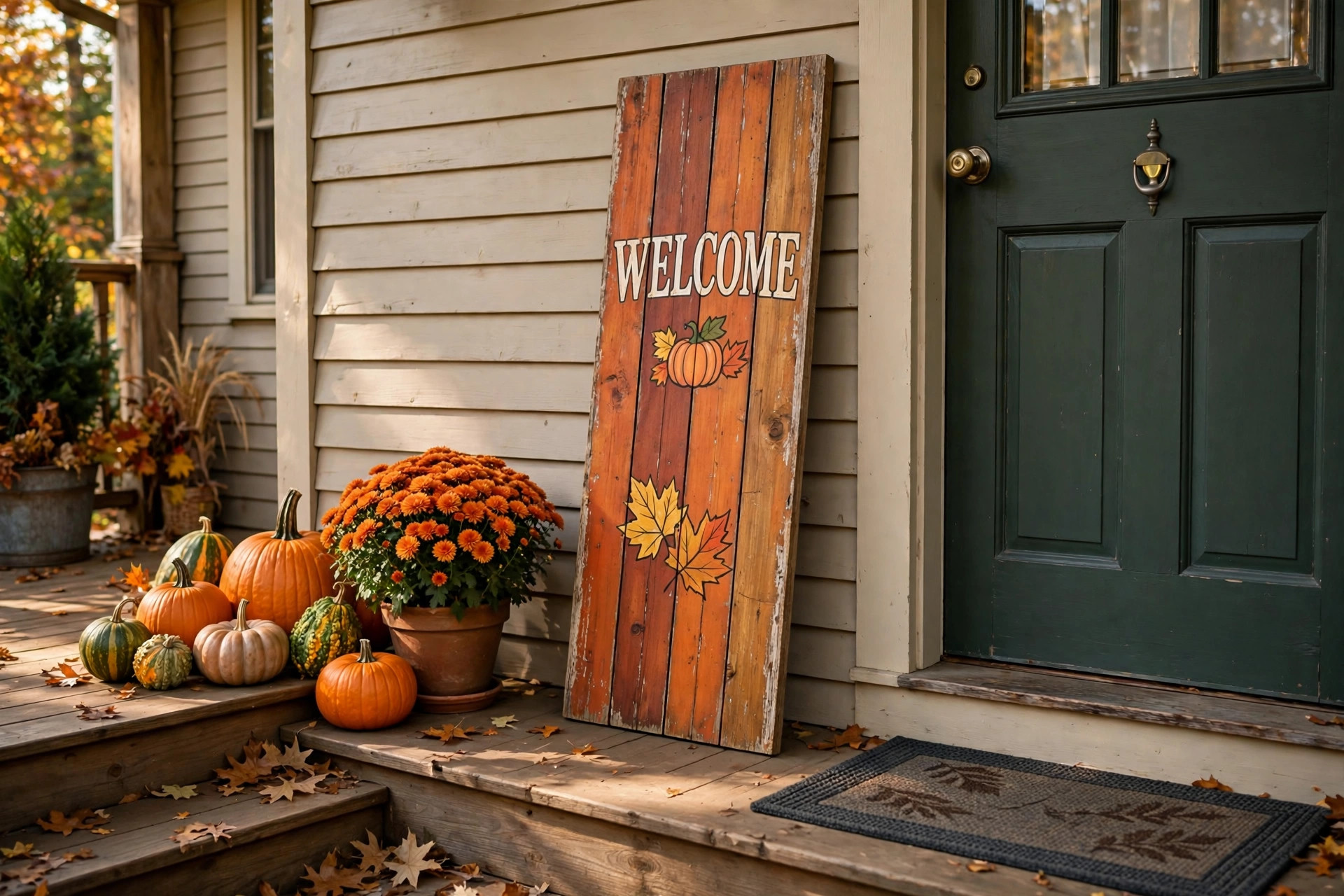 fall welcome sign for front porch wood: Wooden fall welcome sign for front porch leaning beside a door